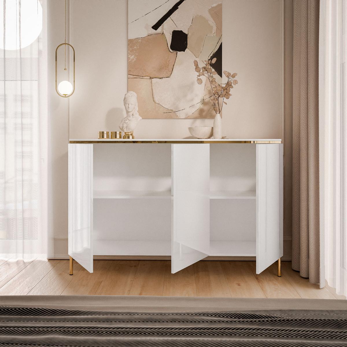 KOMMODE AURORA 3D Weiß / Weiß hochglanz mit gerade Goldchrom Fuße - Weiß Hochglanz/Goldfarben, Holzwerkstoff/Metall (140/91/40cm) - Lookway