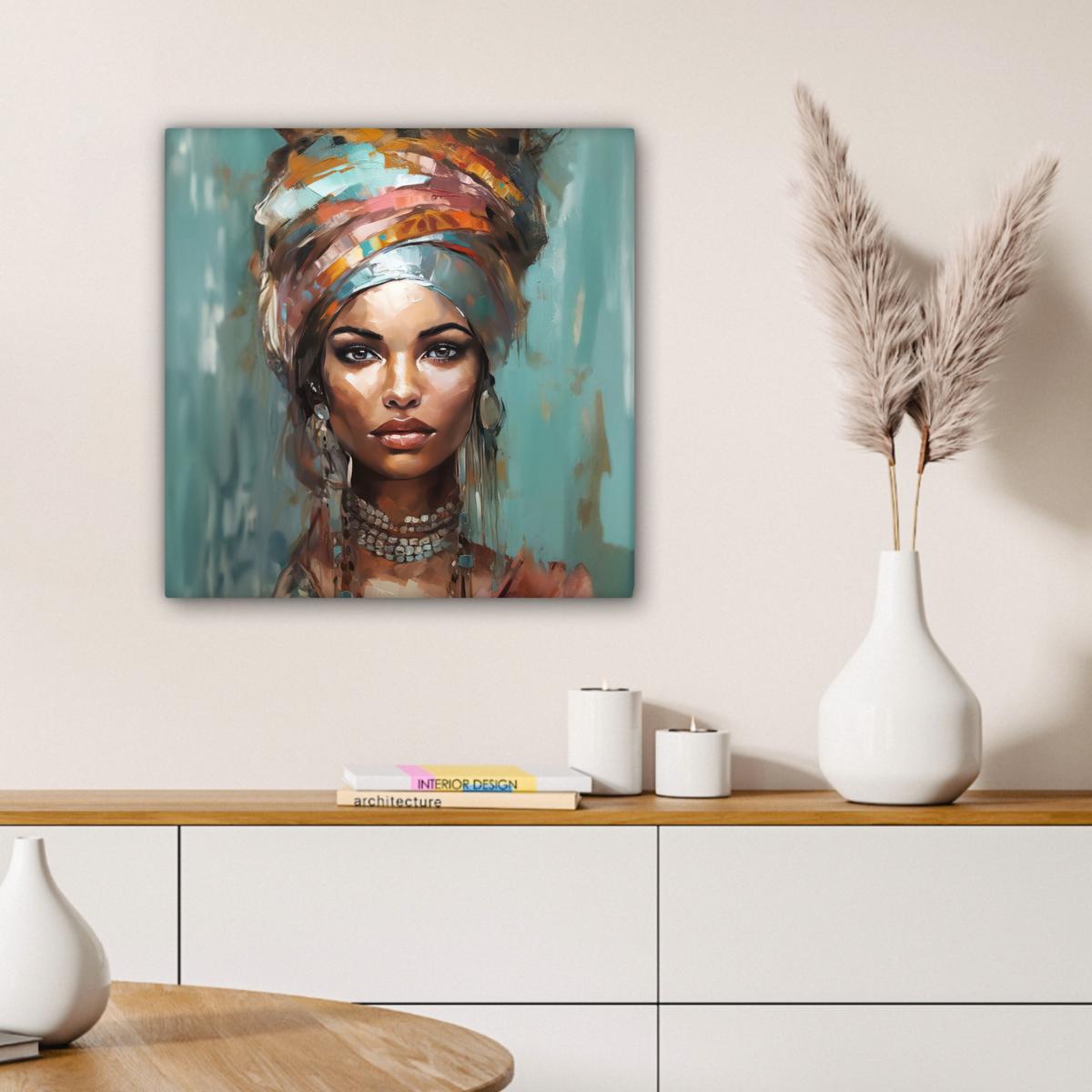 LEINWANDBILD Frau - Kunst - Schmuck - Porträt Wandbild Wohnzimmer 50x50 cm - Blaugrau, Textil (50/50cm) - MuchoWow