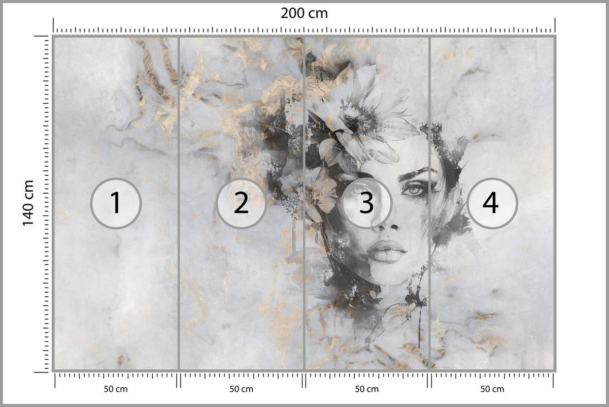 FOTOTAPETE für Wohnzimmer Frau Porträt Beton Blumen Modern 200x140 - Beige/Schwarz, Papier (200/140cm) - Muralo