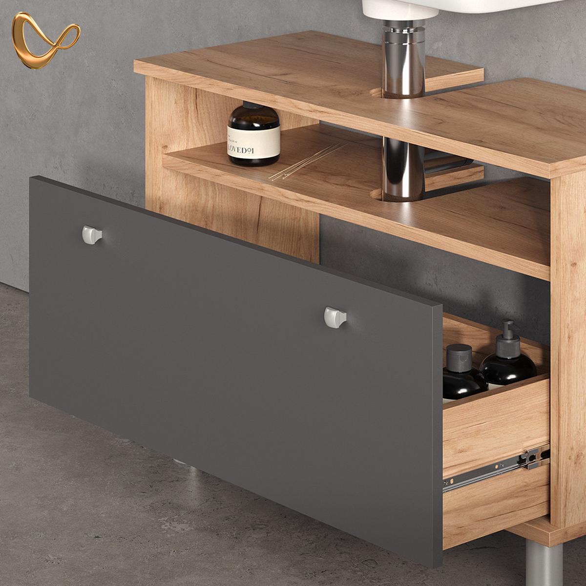 WASCHBECKENUNTERSCHRANK Fucino Goldkraft Eiche/Anthrazit 80.2 x 54 cm mit Schublade - Honigeiche/Anthrazit, Holzwerkstoff (80.2/54/32cm) - Livinity®