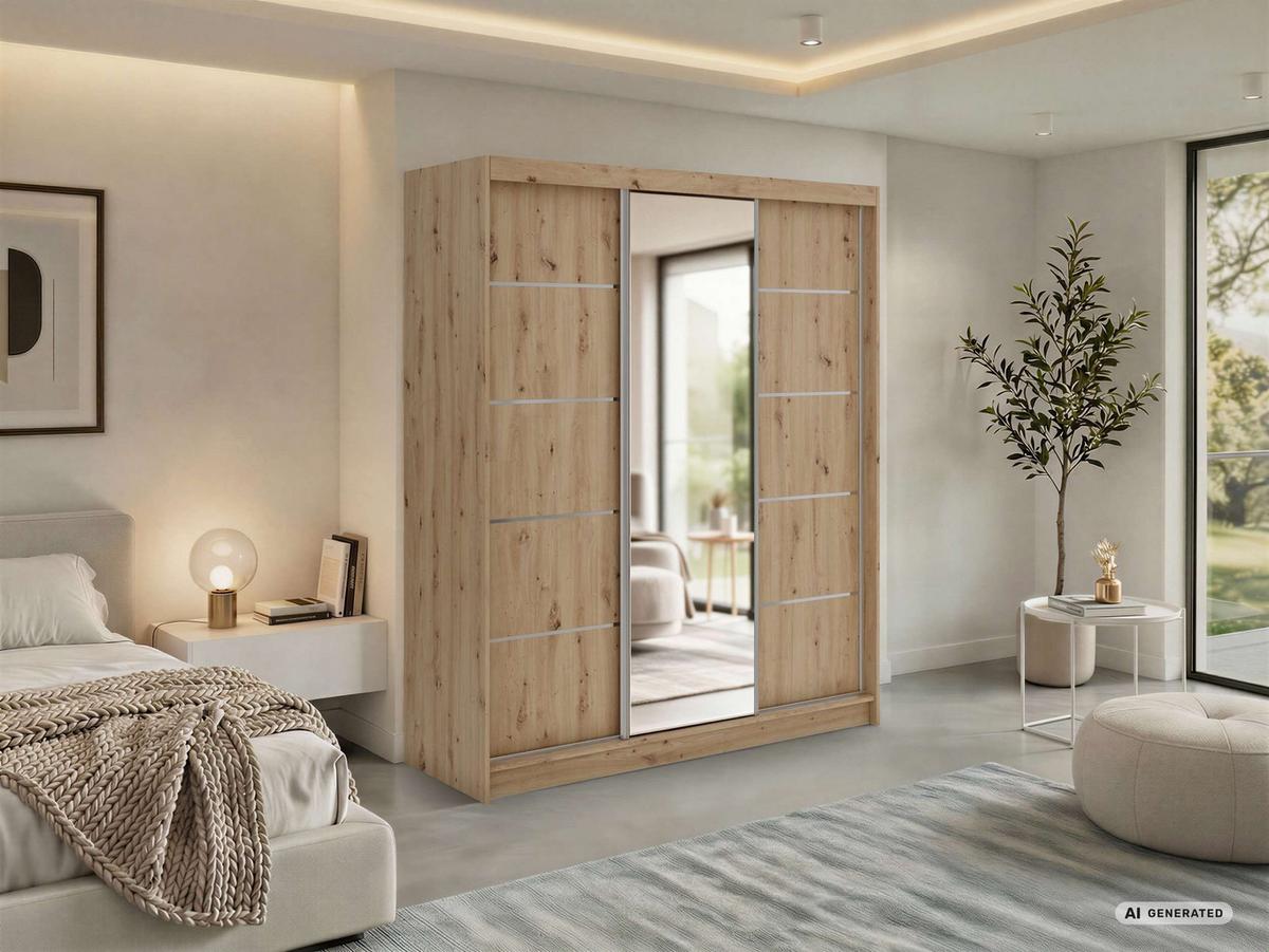 SCHWEBETÜRENSCHRANK mit Schubladen 180 - SKORIA - Eiche Artisan mit Spiegel - Alufarben/Eiche Artisan, Holzwerkstoff/Metall (180/216/61cm) - MKS