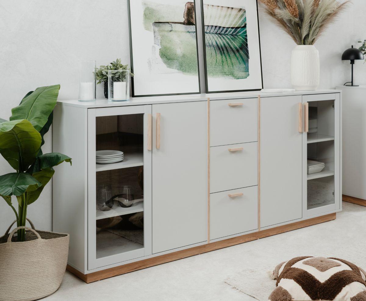 SIDEBOARD grau, Hickory Walnuss 204 cm, Kommode mit viel Stauraum - Walnussfarben/Hellgrau, Glas/Holzwerkstoff (204/94/40cm) - Furn.Design
