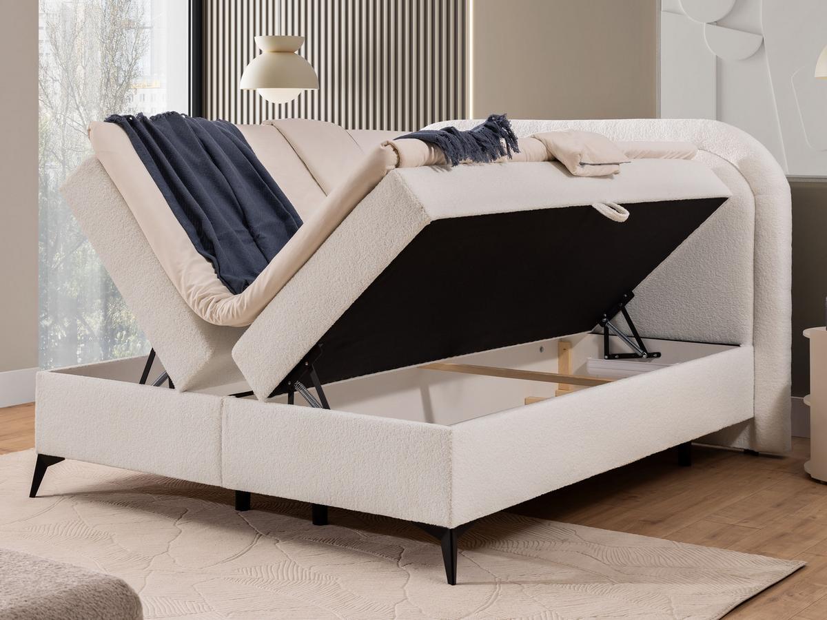 BOXBETT Sonna 180/200 cm Weiß Bouclé-Stoff mit abgerundetem Kopfteil und mit schwarzen Metallfüßen - Schwarz/Weiß, Holz/Textil (180/200cm) - S-Style Möbel