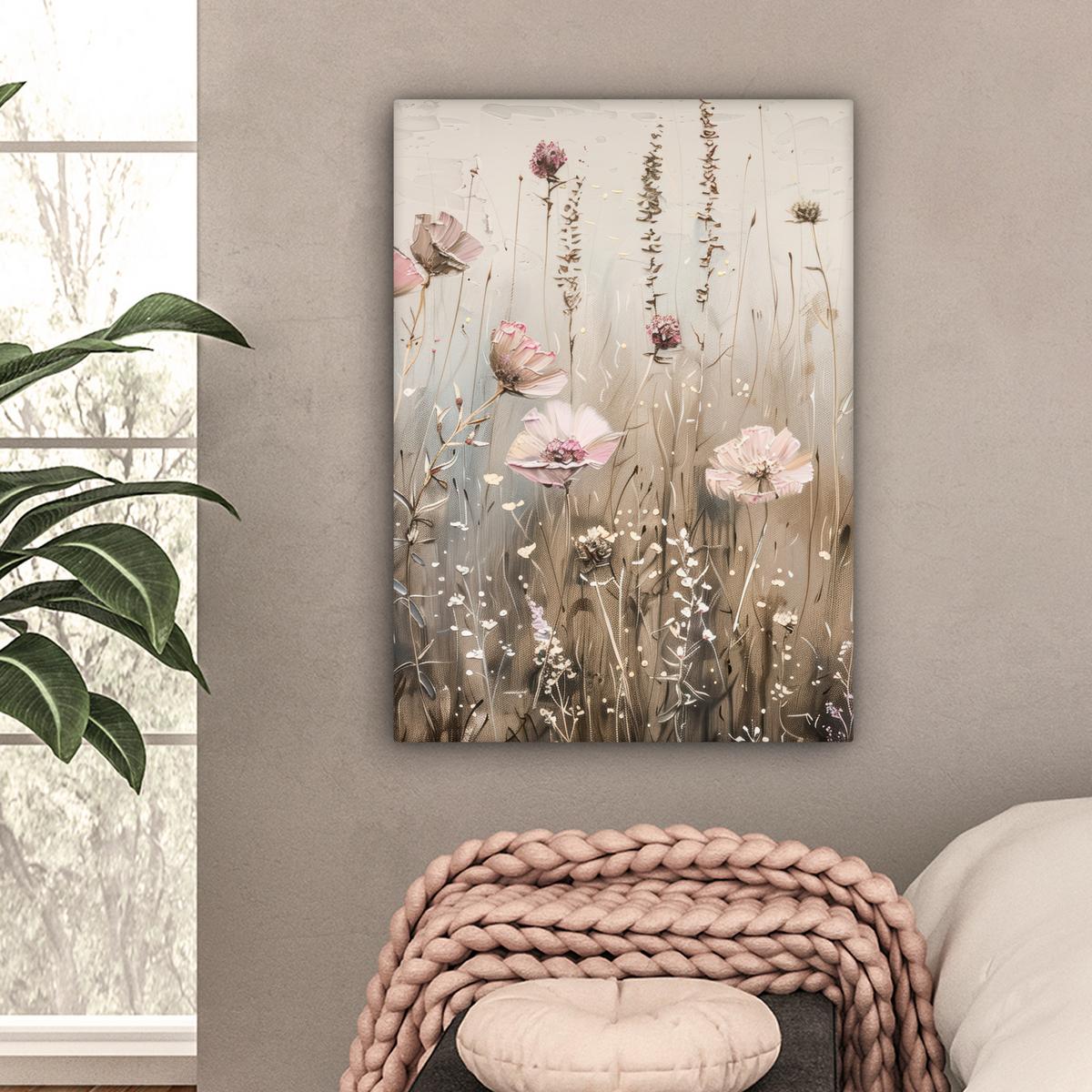 LEINWANDBILD Blumen - Rosa - Modern - Beige Wandbild Wohnzimmer 60x80 cm - Beige, Textil (60/80cm) - MuchoWow