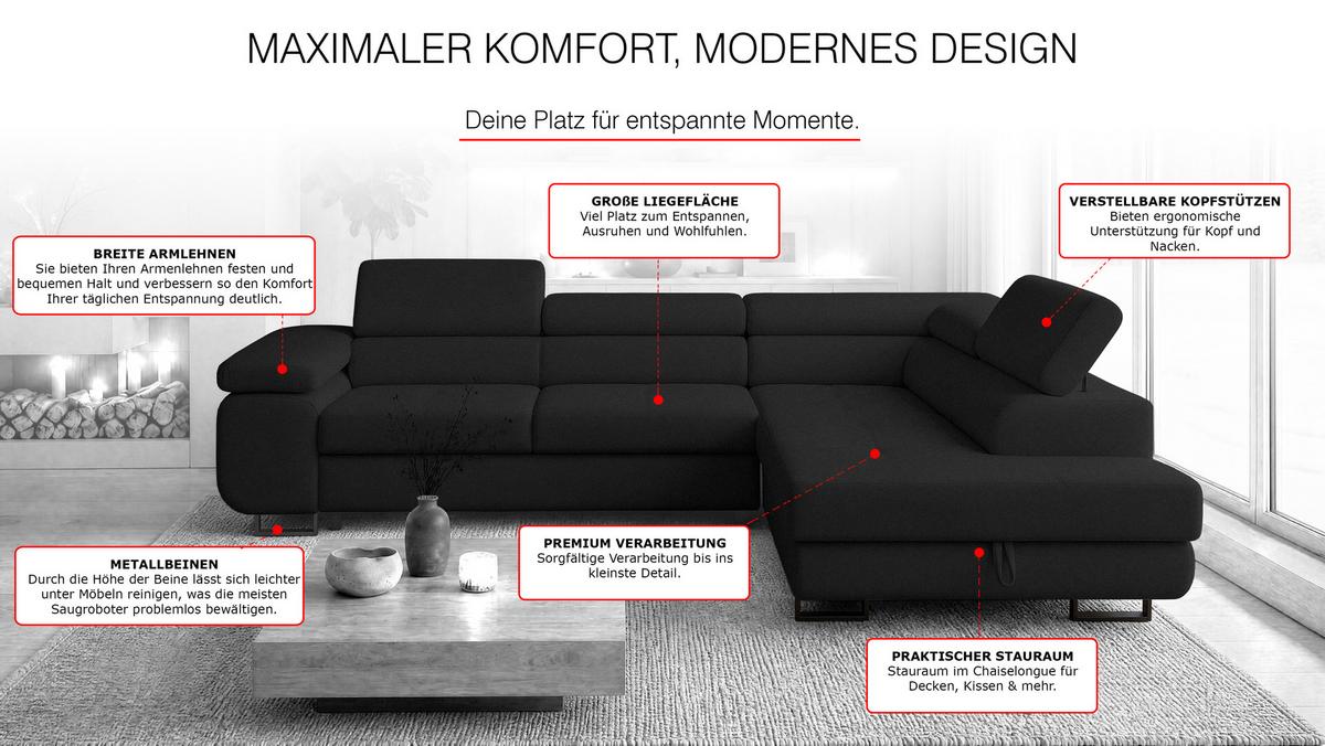 ECKSOFA Velmo mit Bettkasten und Schlaffunktion, verstellbaren Kopfstützen, in L-Form - Dunkelgrau, Textil (275/203cm)