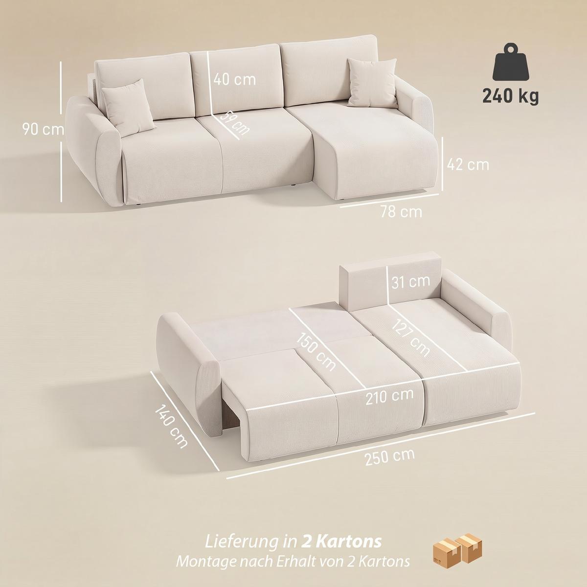SCHLAFSOFA Veloursbezug Cremeweiß - Creme/Weiß, Holzwerkstoff/Kunststoff (140/86/250cm) - HOMCOM