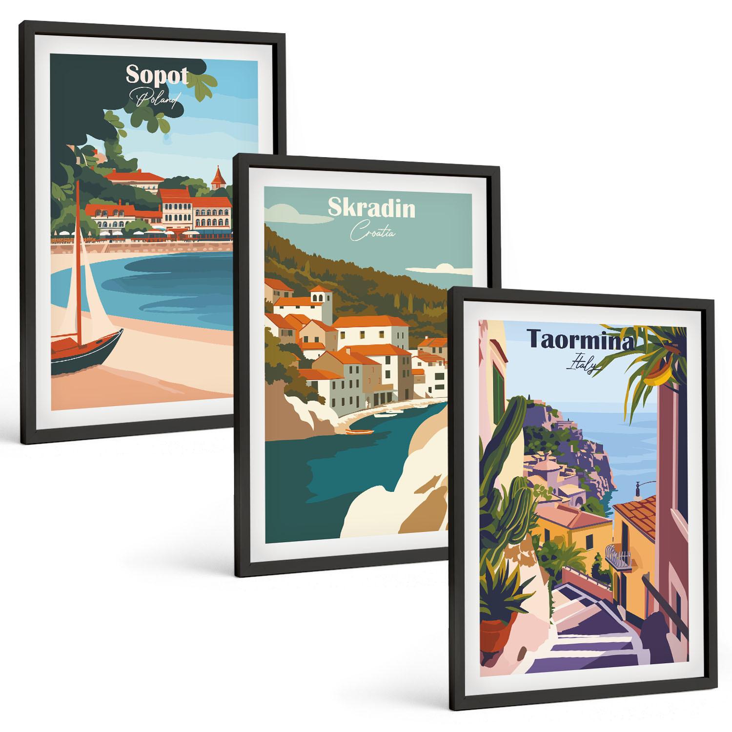 BILDER SET 3er Set - 40x60 cm Schwarzer Rahmen - Illustrationen von Küstenstädten - Schwarz, Kunststoff (40/60cm) - TULUP