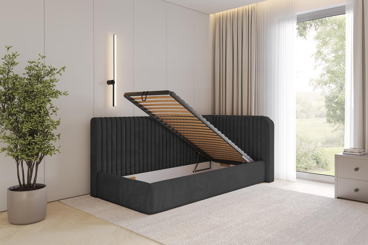 EINZELLBETT Jugendbett mit Bettkasten und Matratze H3/H4, Links - AURY 90x200 Schwarz - Schwarz, Holzwerkstoff/Textil (90/200cm) - ALTDECOR