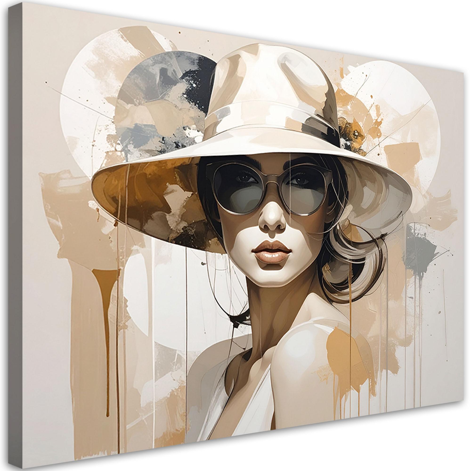 BILD auf Leinwand, Frau mit Hut im beigen Boho Stil - Beige, Textil (90/60cm) - Feeby