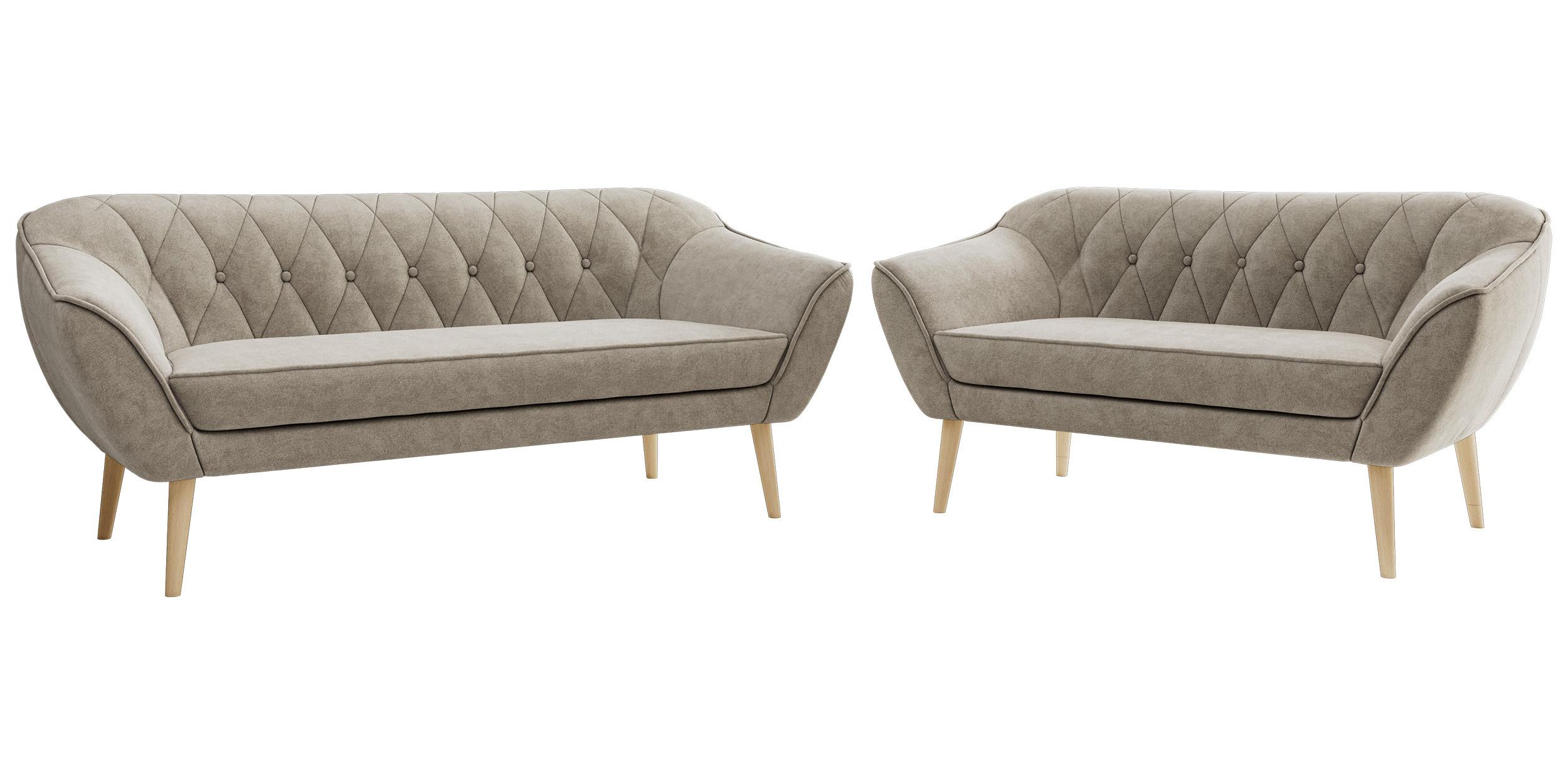 SITZGARNITUR PIRS 3+2 - Greige Strukture - Holzbeine - Greige/Buchefarben, Holzwerkstoff/Textil (180/75/74cm) - MKS
