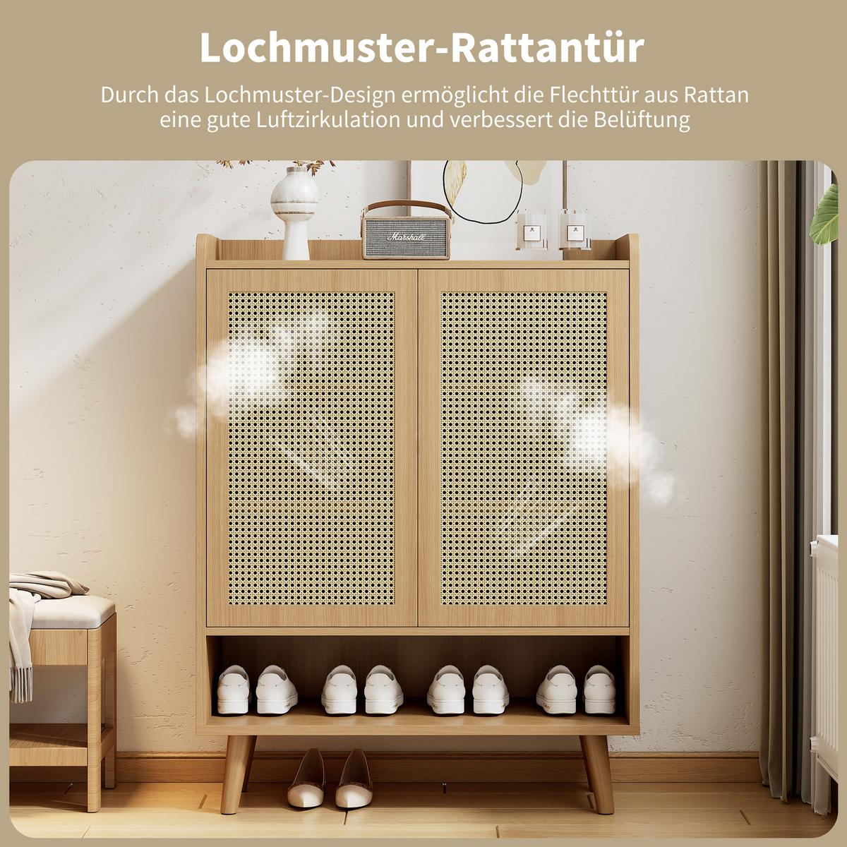 SCHUHSCHRANK aus natürlichem Rattan, Für Flur und Eingangsbereich, Eiche hell - Sonoma Eiche, Holzwerkstoff (80/105/35cm) - Urban Meuble