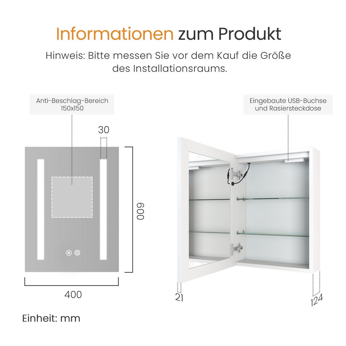 SPIEGELSCHRANK mit Beleuchtung silberweiß 60/40/14,5 - Weiß, Glas/Metall (40/60/14.5cm) - EMKE