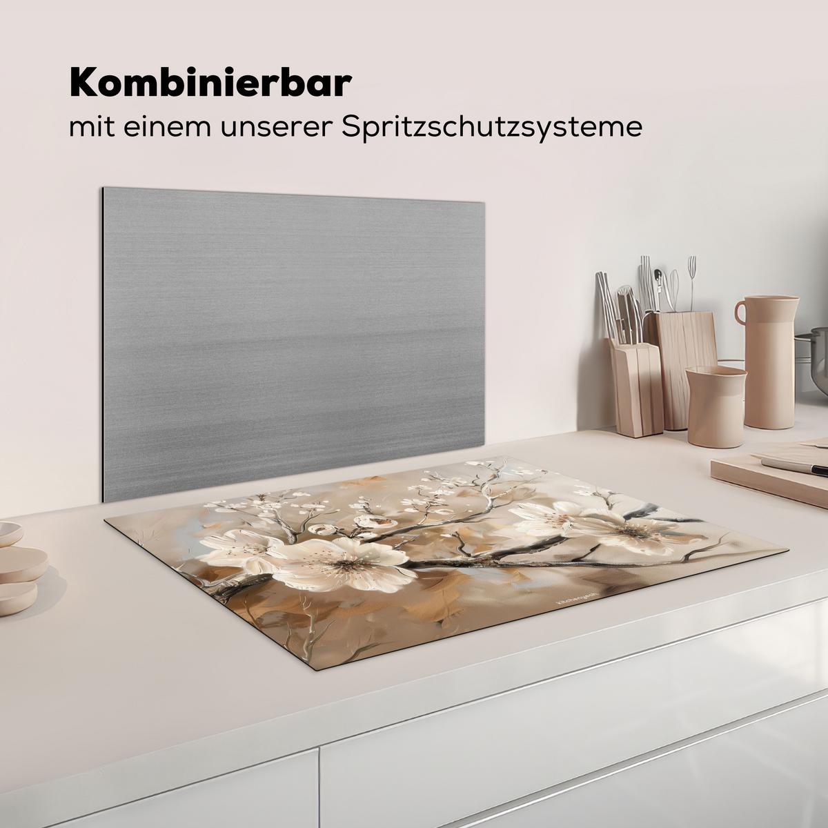 HERDABDECKPLATTE Blumen - Abstrakt - Gemalt - Beige Herdabdeckung Induktionsfeld 75x52 cm - Kaschmir, Kunststoff (75/52/0.2cm) - MuchoWow