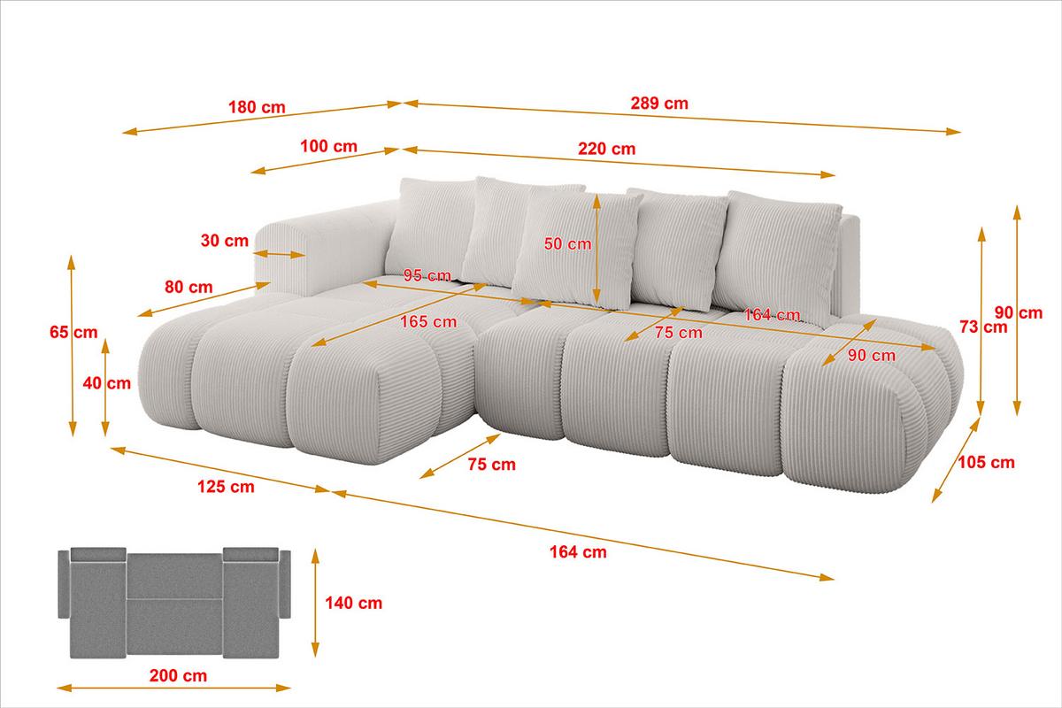 ECKSOFA Ottomane Links CLOUD-L-v1 280x185x90 Creme Cord - Hellgrau/Creme, Holzwerkstoff/Kunststoff (180/289cm) - ALTDECOR