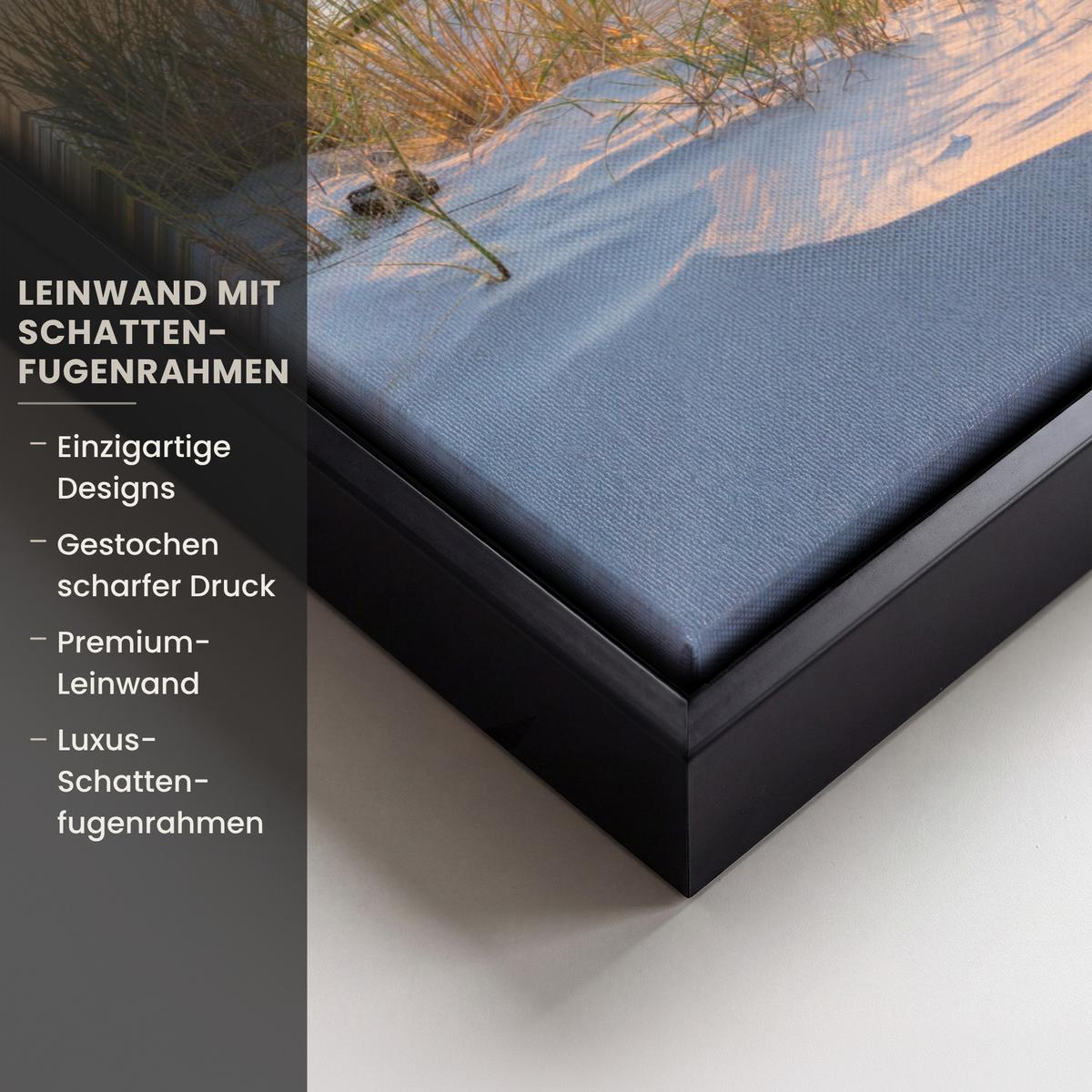 LEINWAND Bilder mit Rahmen - Strand - Sonne - Düne - Gras - Sand - Horizont - 40x30 - Hellblau, Textil (40/30cm) - MuchoWow