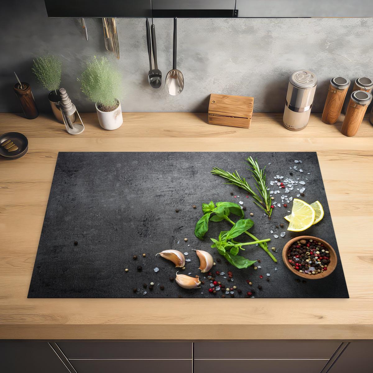 HERDABDECKPLATTE Limette - Kräuter - Gewürze - Grün - Grau - Beton Induktionsmatte 81x52 cm - Grün, Kunststoff (81/52/0.2cm) - MuchoWow