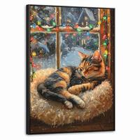 LEINWAND Bilder mit Rahmen - Katze - Weihnachten - Winter - Tier - 70x100 - Bernsteinfarben, Textil (70/100cm) - MuchoWow