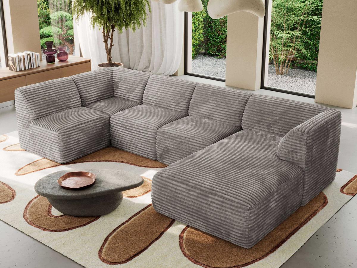 WOHNLANDSCHAFT MODARO U 5M - Hellbraun Cord - Rechts - Hellbraun/Schwarz, Textil (345/78/180cm) - MKS