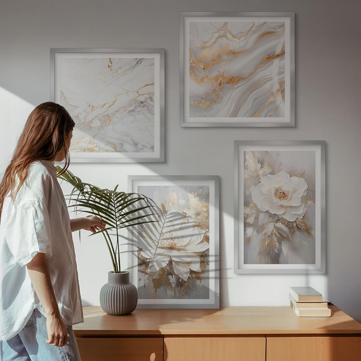 BILDER SET 4er Set - 50x50 cm & 40x60 cm Silberner Rahmen - Blumen, heller Hintergrund, Marmormuster - Silberfarben, Kunststoff (50/50cm) - TULUP
