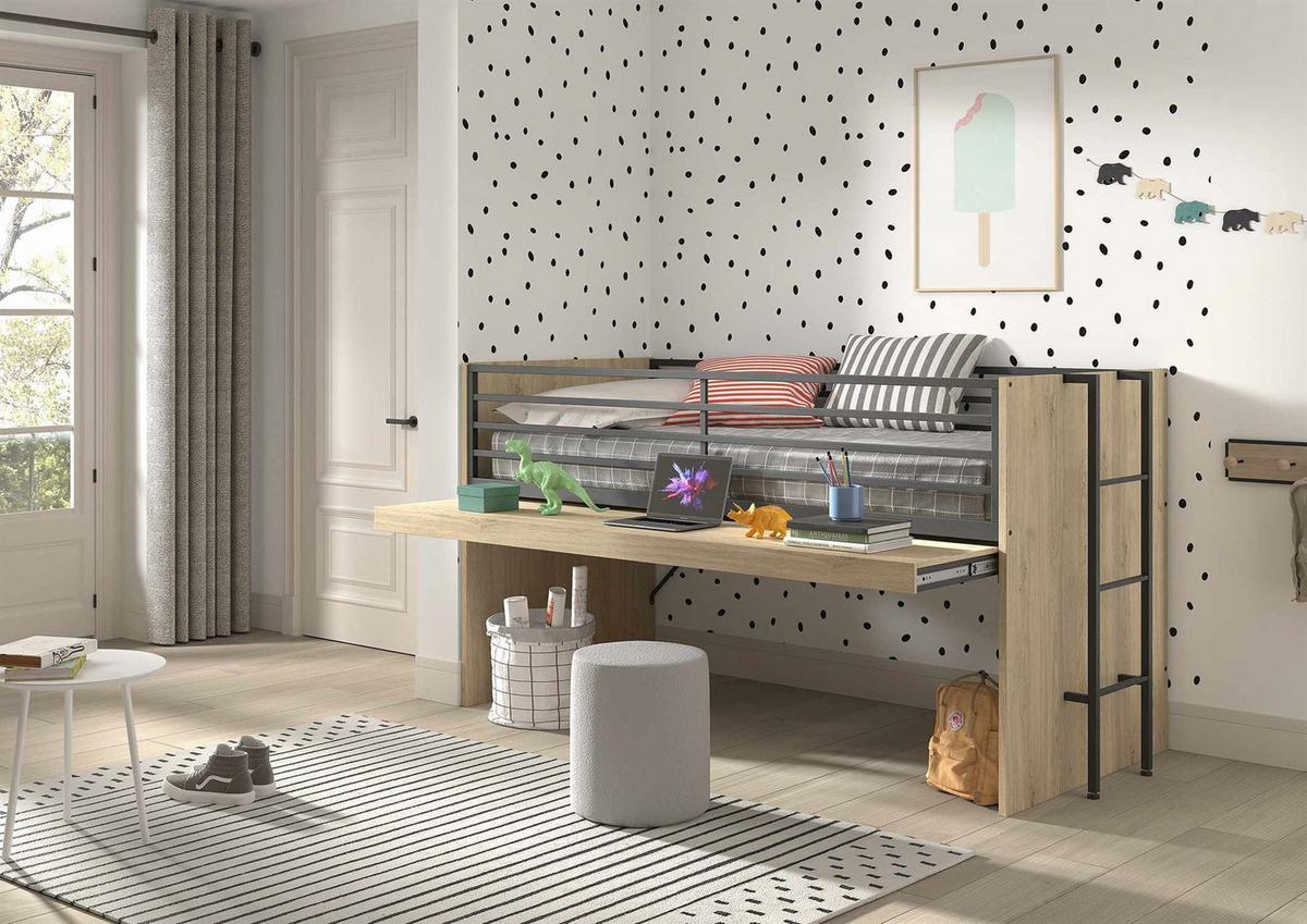 HALBHOCHBETT 90x200 Keelia Eiche mit Schreibtisch Stauraum - Eichefarben, Kunststoff (90/200cm) - 58aufmkessel