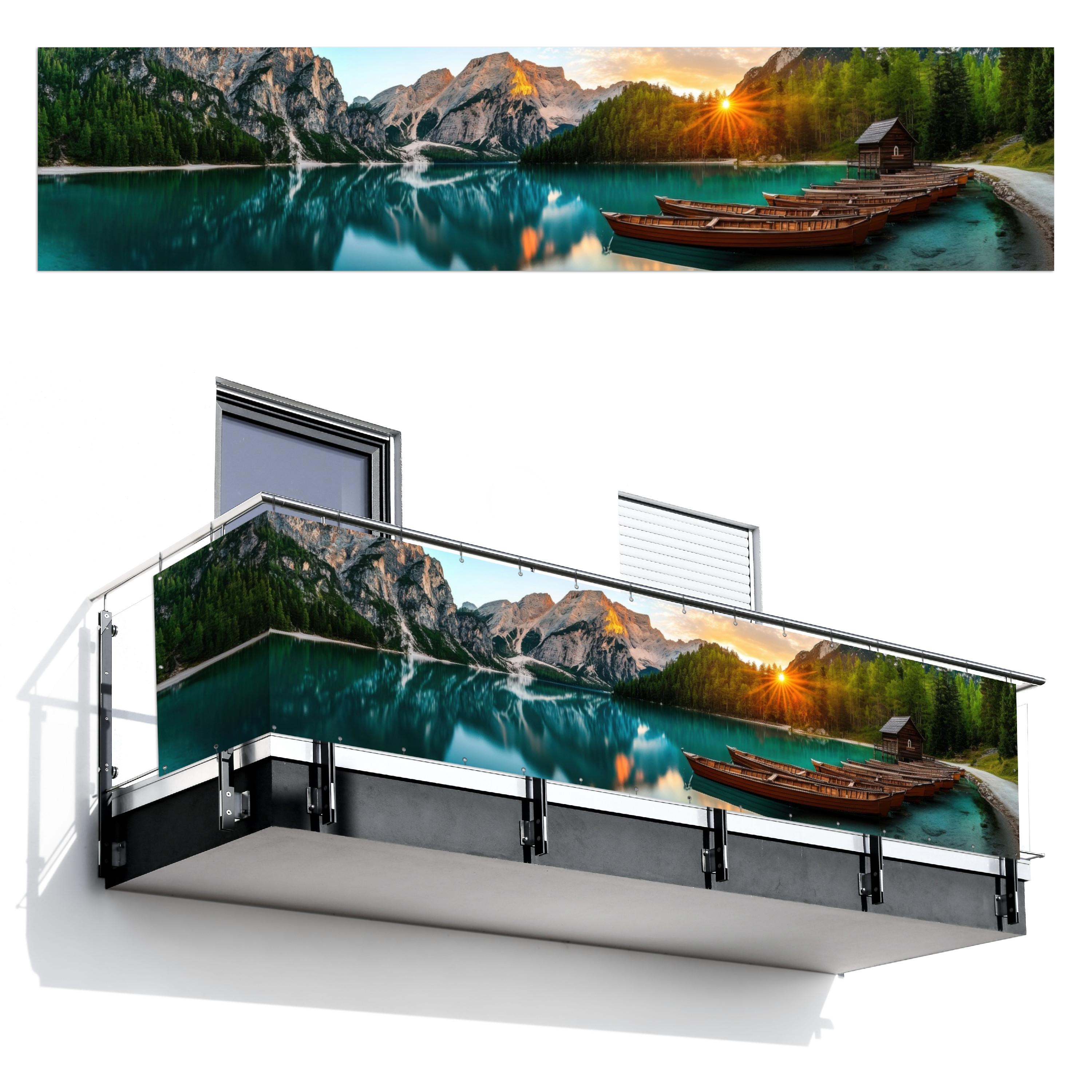 BALKON-SICHTSCHUTZ See - Berge - Sonnenuntergang - Boot Deko XXL 500x110 cm - Petrol, Kunststoff (500/110cm) - MuchoWow