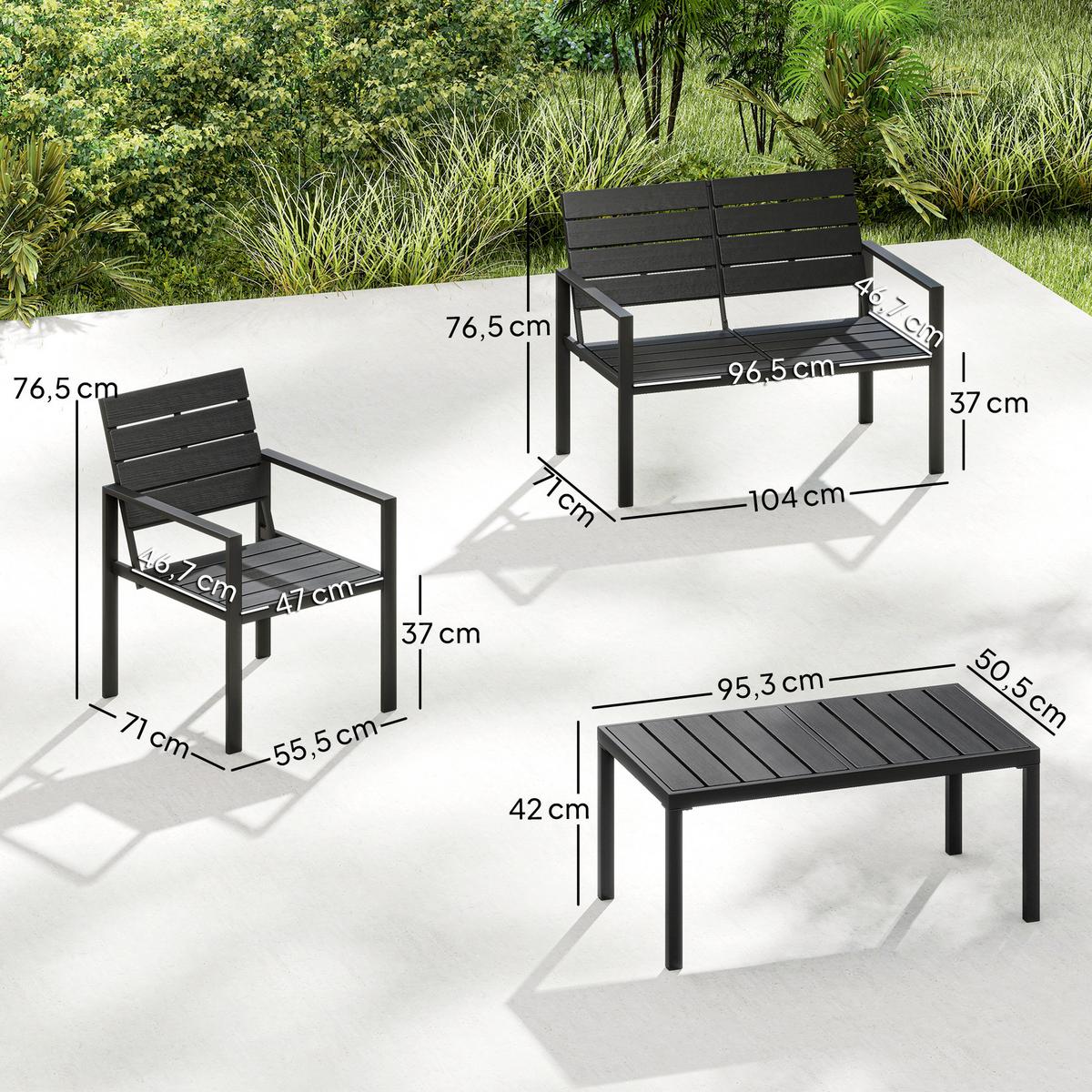 BALKONMÖBEL-SET 4er Set HDPE Metall Schwarz - Schwarz, Metall - Outsunny