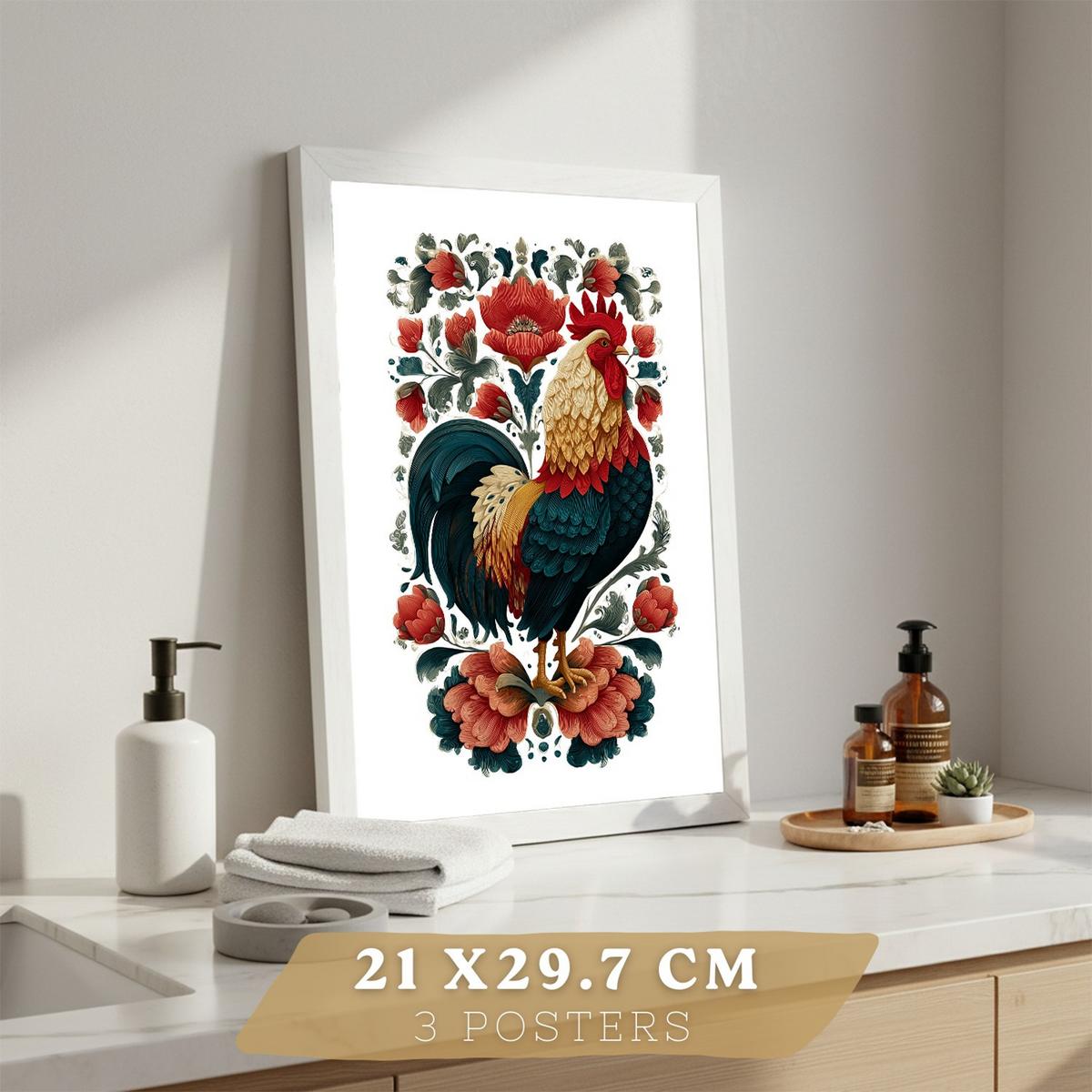 POSTER 3er-Set Kunstdrucke im Folk-Stil, dekorative Tier Blumenmotive, farbenfrohe Kunstposter für Zuhause, Wohnzimmer, Badezimmer Rahmenlos A4 - Klar, Papier (29.7/21/3cm) - Nacnic