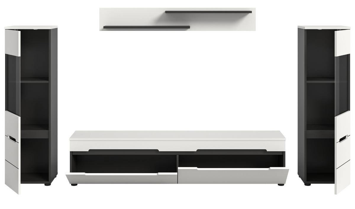 WOHNWAND weiß, grau, Wohnkombination 4-teilig hängend / stehend 272 cm, Cooper - Schwarz/Weiß, Glas/Holzwerkstoff (272/141/33cm) - Inn.Furn