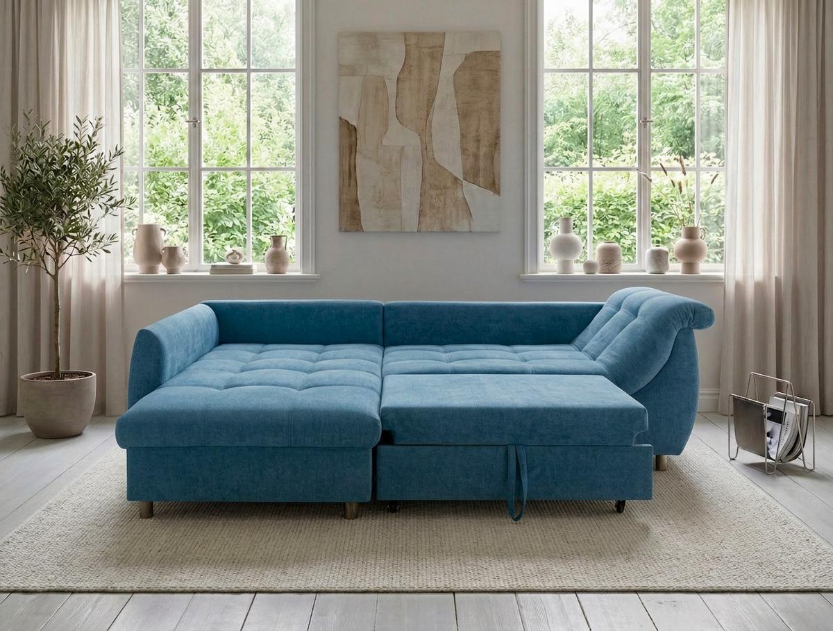 ECKSOFA mit Schlaffunktion, Bettkasten, Wellenunterfederung, Ottomane links B250/T190/H84 cm, Liegefl. 179x190 cm, Mikrofaser Blau / 17102 - Blau/Chromfarben, Textil/Metall (250/190cm) - luma-home