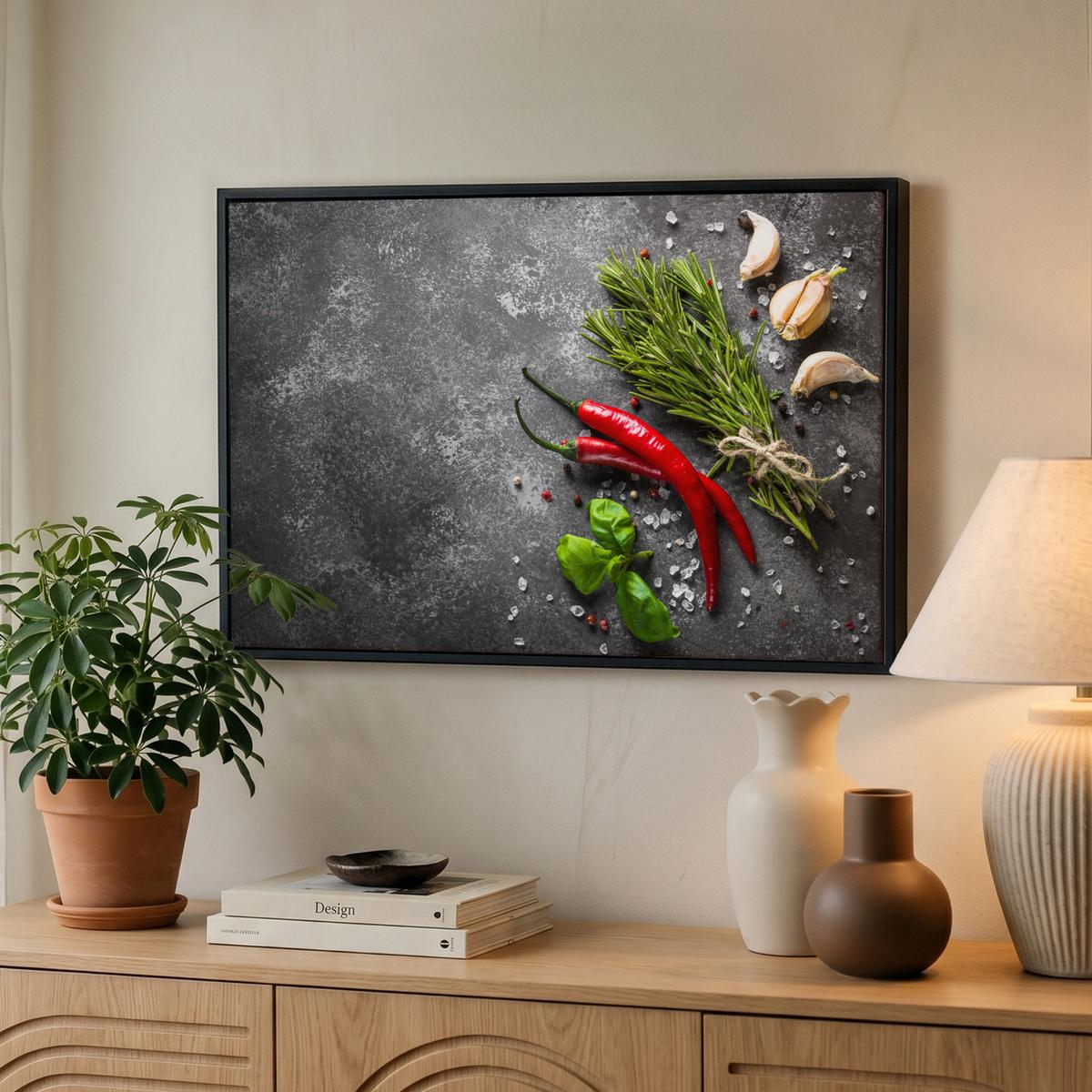 LEINWAND Bilder mit Rahmen - Pfeffer - Kräuter - Gewürze - Beton - 60x40 - Dunkelgrau, Textil (60/40cm) - MuchoWow