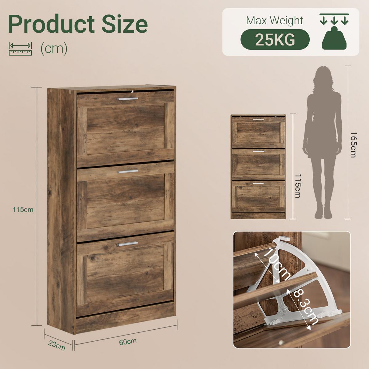 SCHUHSCHRANK Braun, nur 23 cm tief, 3 Klappen für ca. 12 Paar, offene Ablage oben, E1, bis 25 kg, für Flur & Diele - Silberfarben/Braun, Holzwerkstoff/Metall (60/115/23cm) - SoBuy