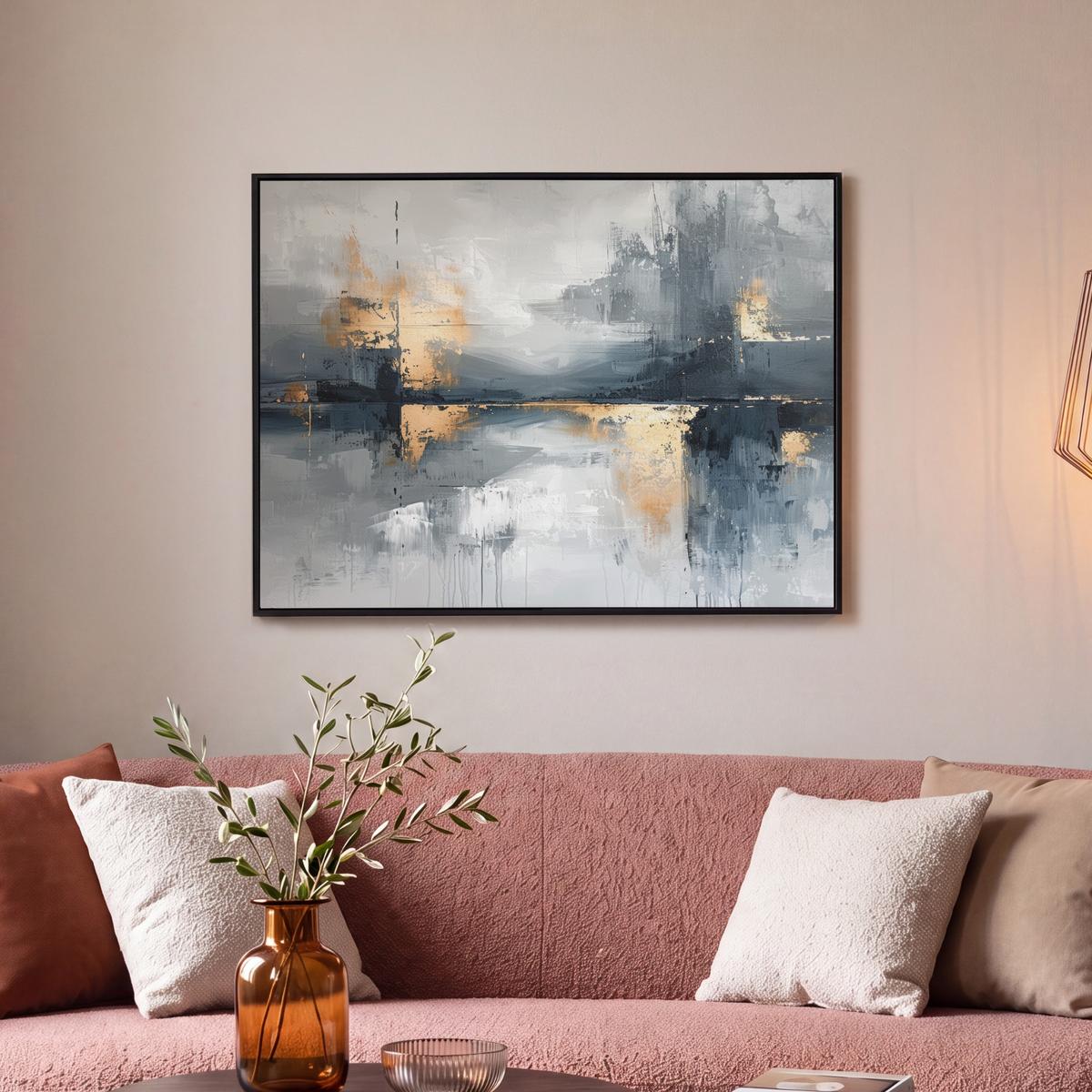 LEINWAND Bilder mit Rahmen - Kunst - Grau - Gold - Abstrakt - 70x50 - Dunkelgrau, Textil (70/50cm) - MuchoWow