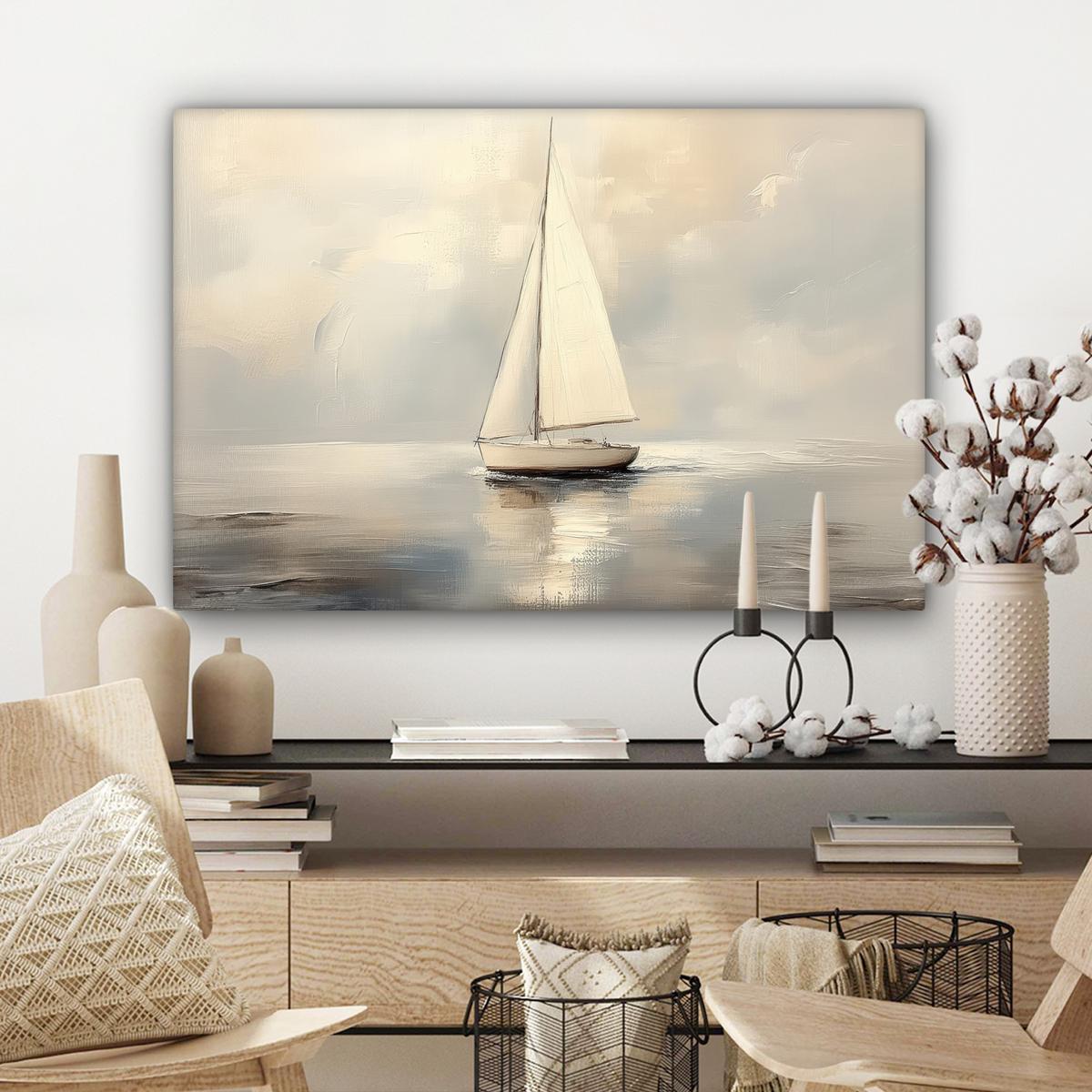 LEINWANDBILD Segelschiff - Meer - Bewölkt Gemälde 60x40 cm - Creme, Textil (60/40cm) - MuchoWow