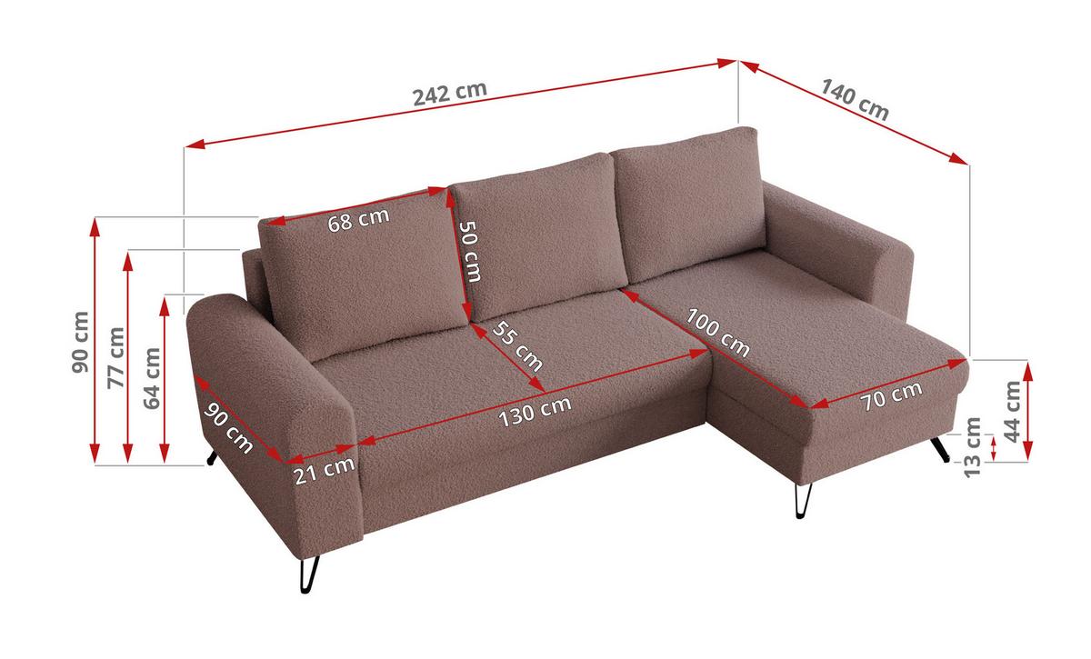 ECKSOFA Hugo Boucle Rosa - Schwarz/Rosa, Textil/Metall (242/140cm) - MKS
