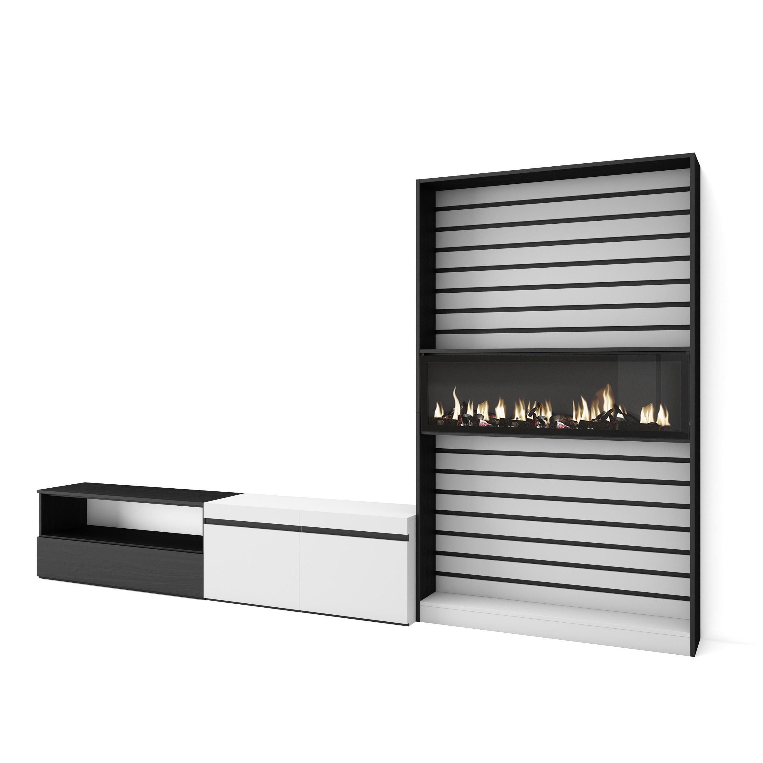 WOHNWAND Wohnzimmer, weiß und schwarz, Elektrokamin,, 310/35/186cm - Schwarz/Weiß, Holzwerkstoff (310/186/35cm) - Skraut Home