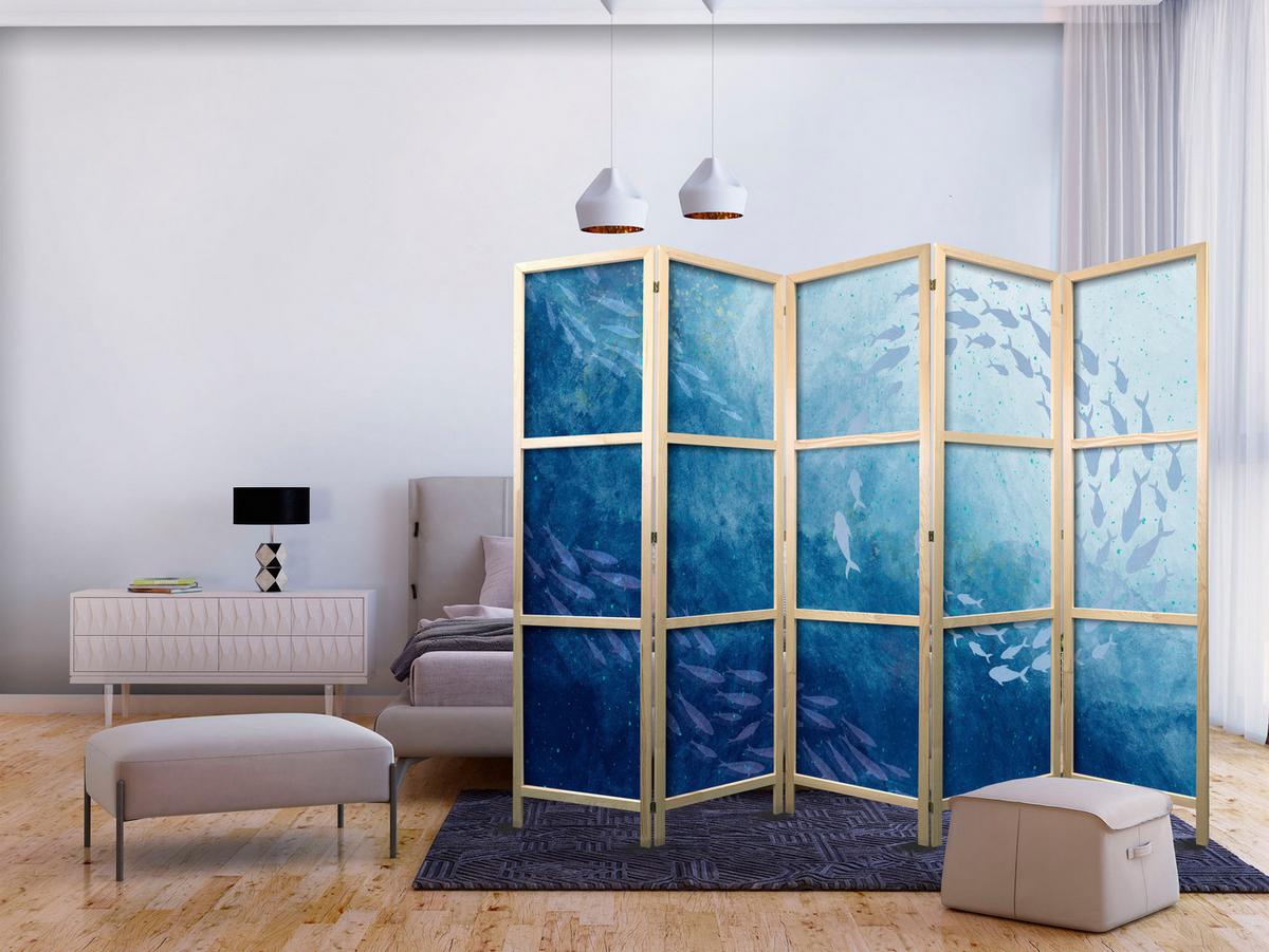 PARAVENT Japanischer 5-tlg 225x172 cm Fischschwarm - Blau, Holz/Textil (225/172/3cm) - Muralo