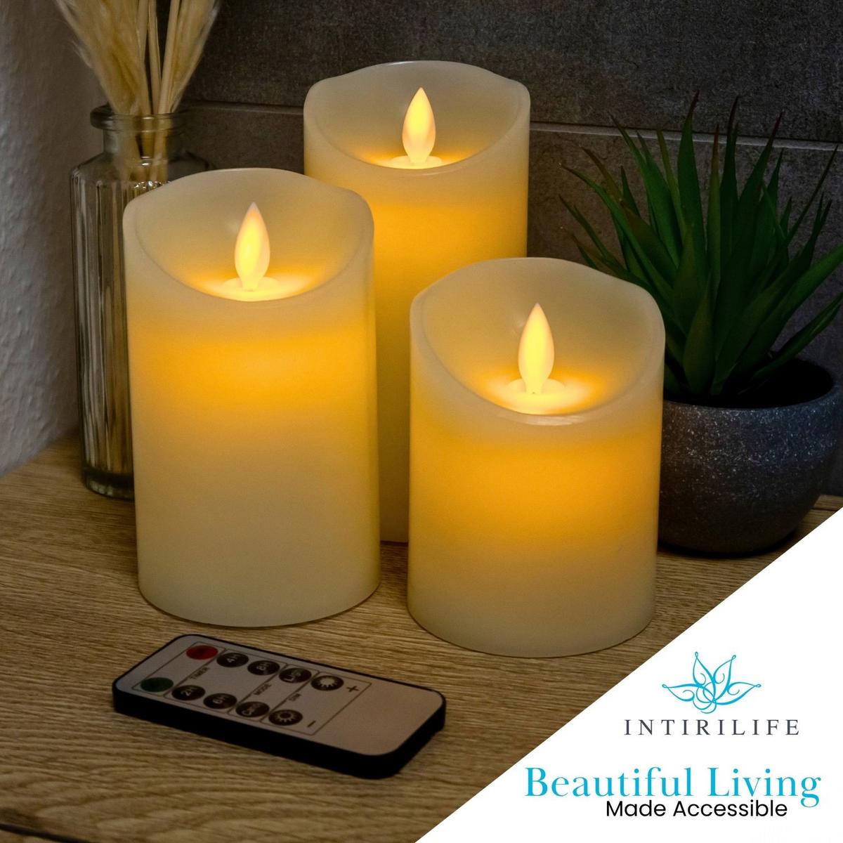 LED KERZEN SET mit Fernbedienung (3-tlg.) - Weiß, Naturmaterialen (8/8/15cm) - Intirilife