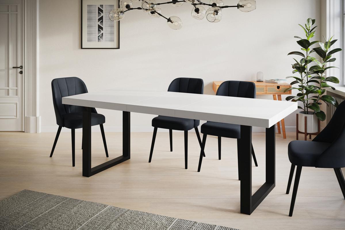INDUSTRIELLER Esszimmertisch LOFT-U, ausziehbarer Tisch, Größe: 120-220X80X77 cm, Wohnzimmertisch Farbe: Schwarz, mit Metallbeinen in Farbe Schwarz - Schwarz/Weiß, Holzwerkstoff (120/80/77cm) - Alpi-Möbel