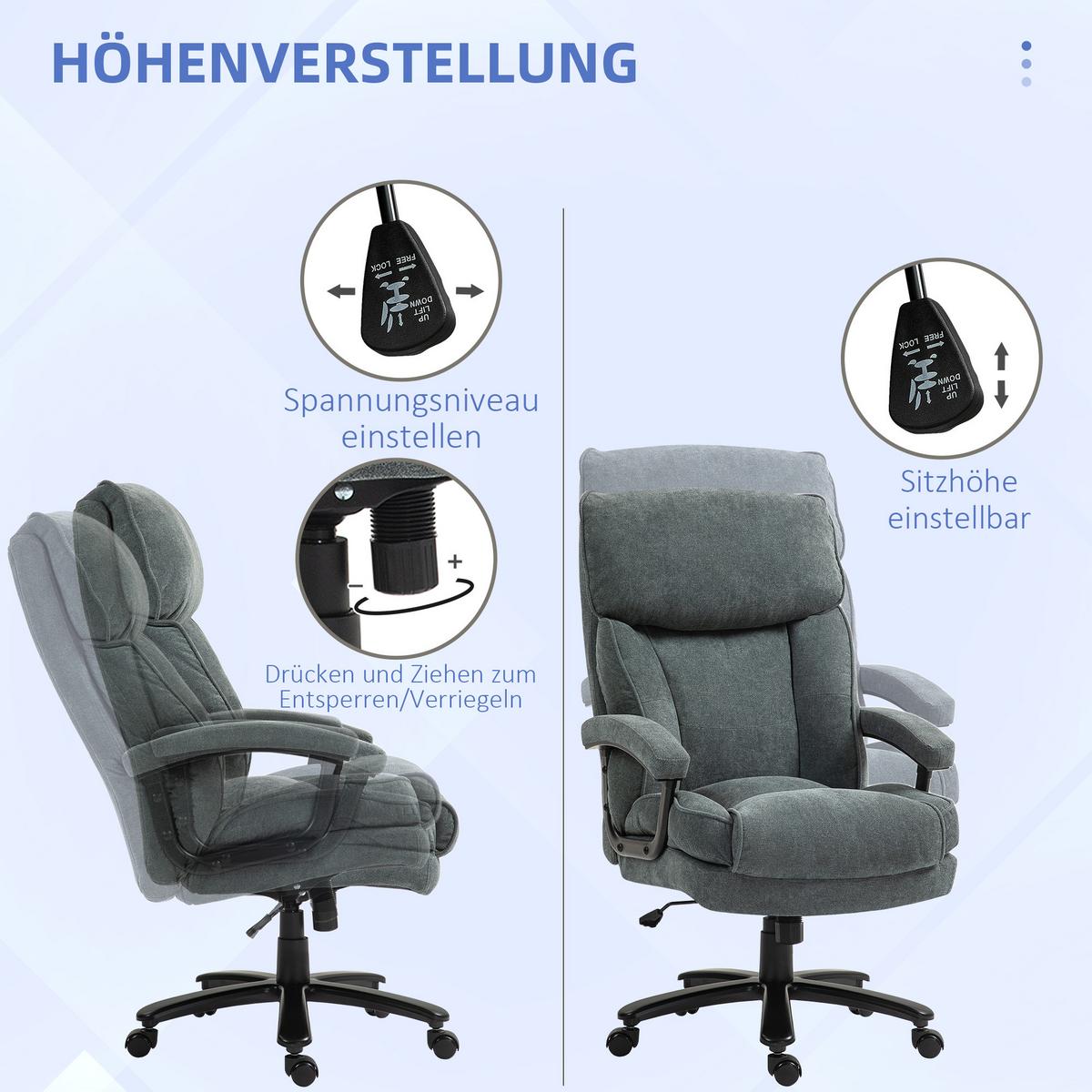 BÜROSTUHL, Ergonomisch Schreibtischstuhl mit Wippfunktion, Leinenoptik, Grau - Grau, Textil (79/125/68.5cm) - HOMCOM