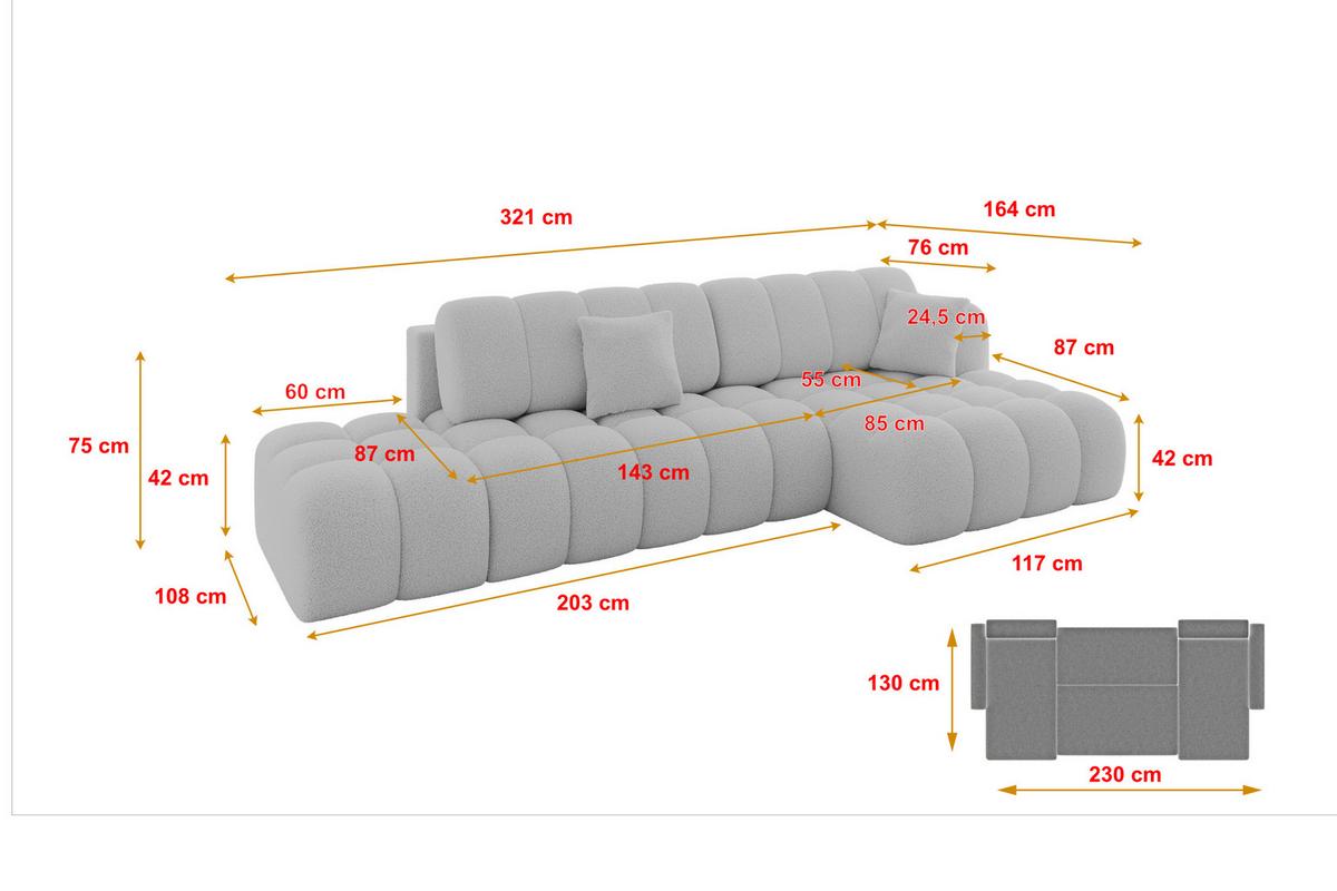 ECKSOFA mit Schlaffunktion Ottomane RECHTS OLEA-L2 321x164x75 Hellgrau Bouclé - Hellgrau/Schwarz, Holzwerkstoff/Kunststoff (164/321cm) - ALTDECOR