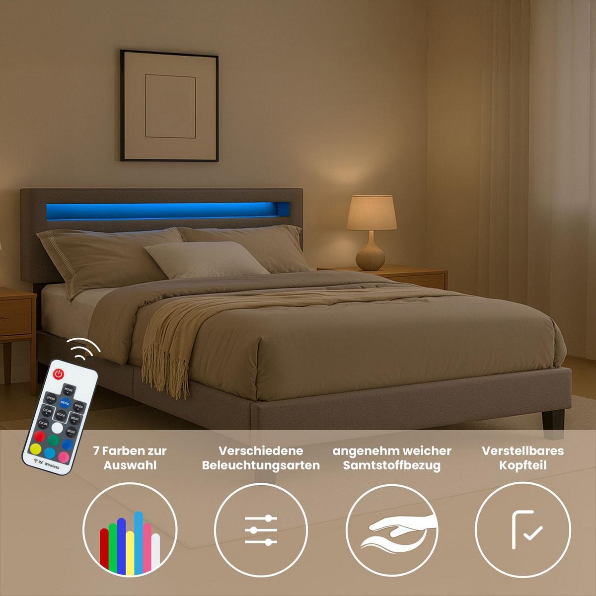 POLSTERBETT MIT LED LEXINGTON 140x200 cm grau - Grau, Textil (140/200cm) - CARO-Möbel