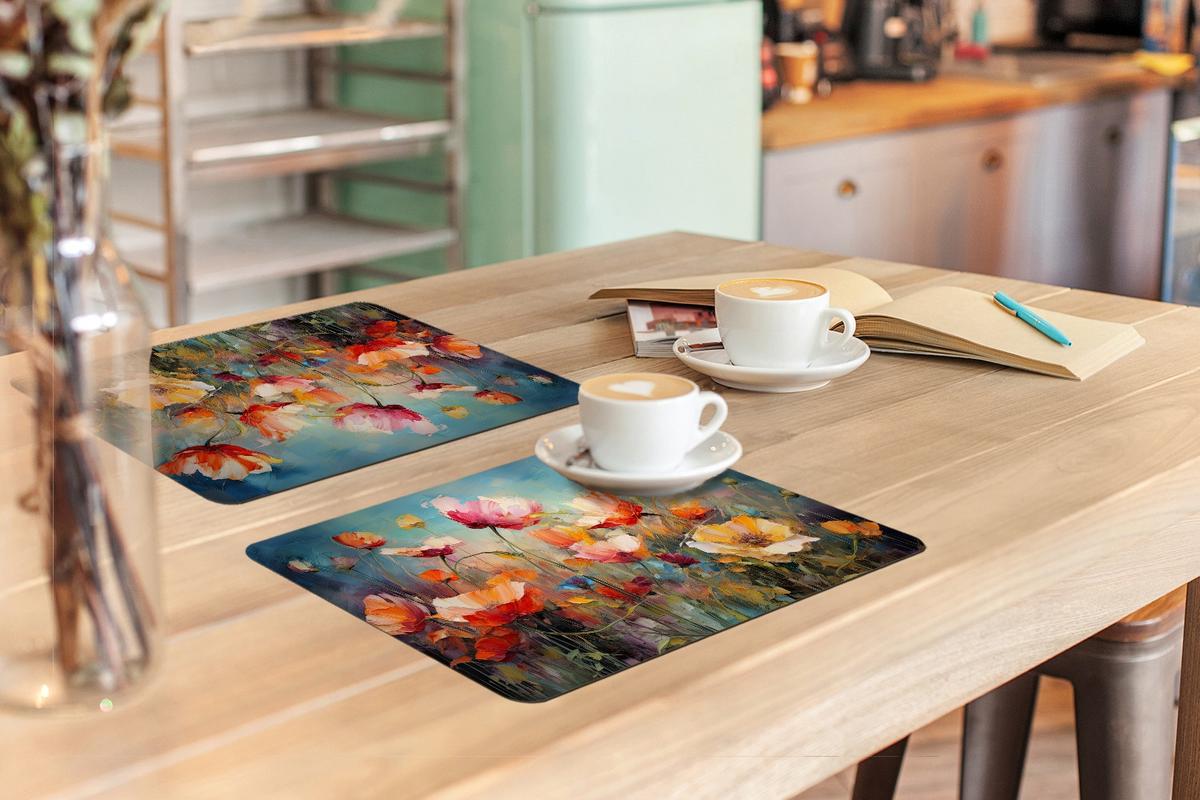 PLATZSETS 6er-Set Blumen - Aquarell - Kunst - Botanisch - Natur Tischunterlage 45x30 cm - Koralle, Kunststoff (0.3/45/30cm) - MuchoWow