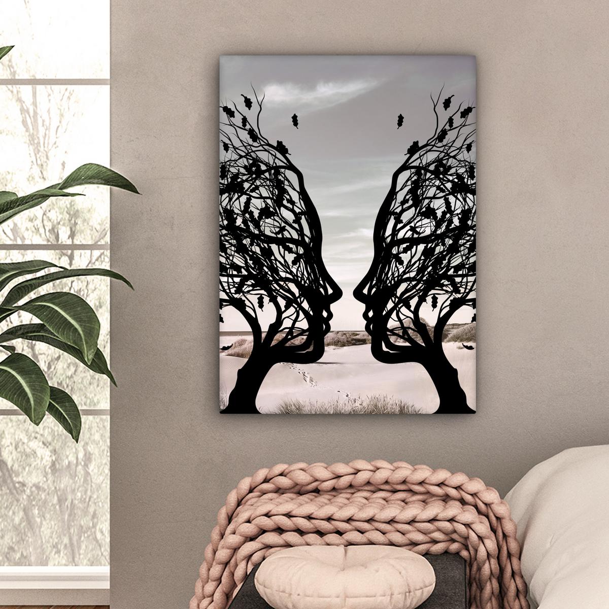 LEINWANDBILD Strand - Meer - Menschen - Baum - Moderne Kunst Wandbild Wohnzimmer 60x80 cm - Hellgrau, Textil (60/80cm) - MuchoWow