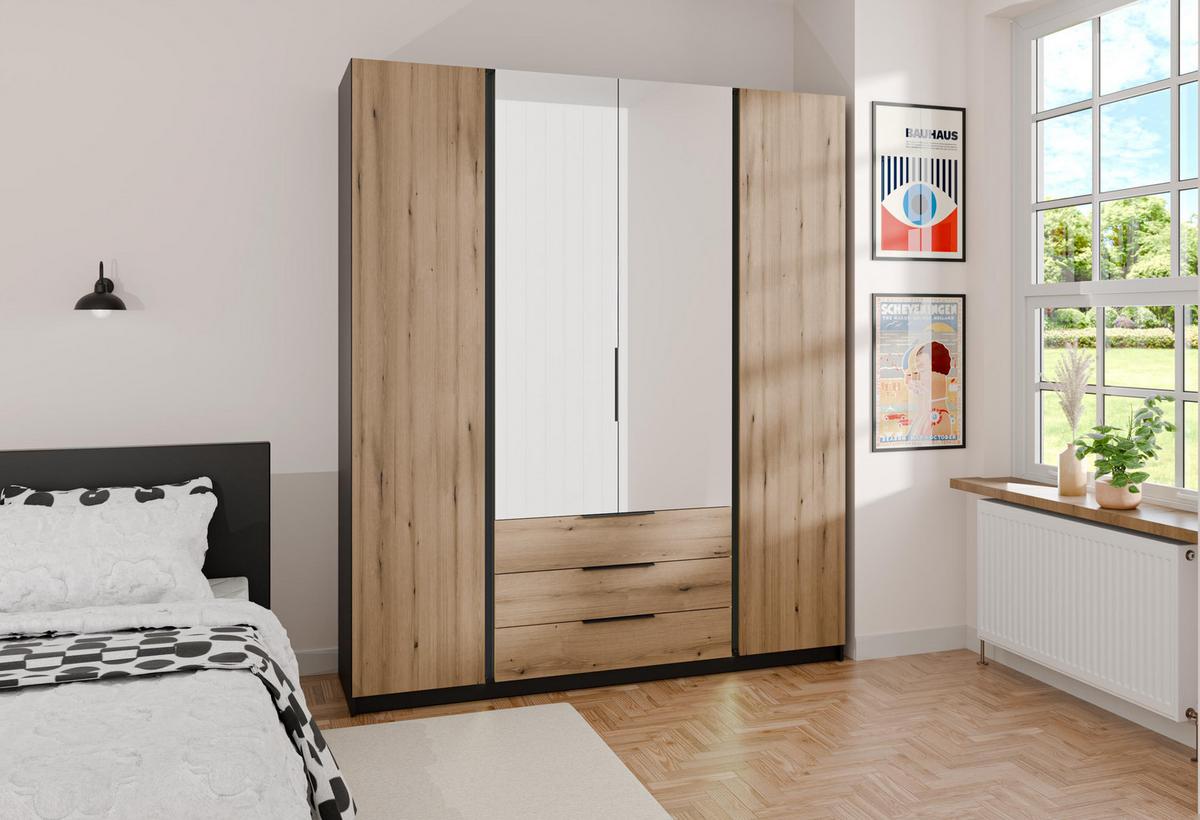 KLEIDERSCHRANK Nehir Schwarz/Eiche Evoke 200 cm - 4T3S Modern mit Schubladen und 2 Spiegeln mittig - Eichefarben/Schwarz, Holzwerkstoff/Kunststoff (200/239/61.9cm) - AX Living
