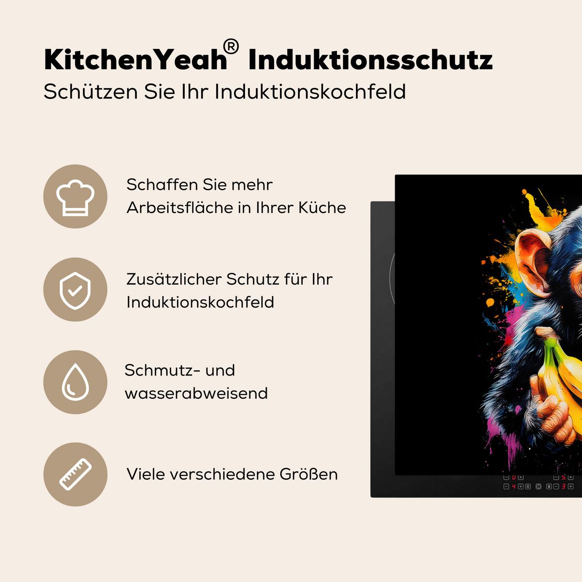 HERDABDECKPLATTE Affe - Graffiti - Farbenfroh - Bananen - Modern Ceranfeldabdeckung 76x51.5 cm - Gelb, Kunststoff (76/51.5/0.2cm) - MuchoWow