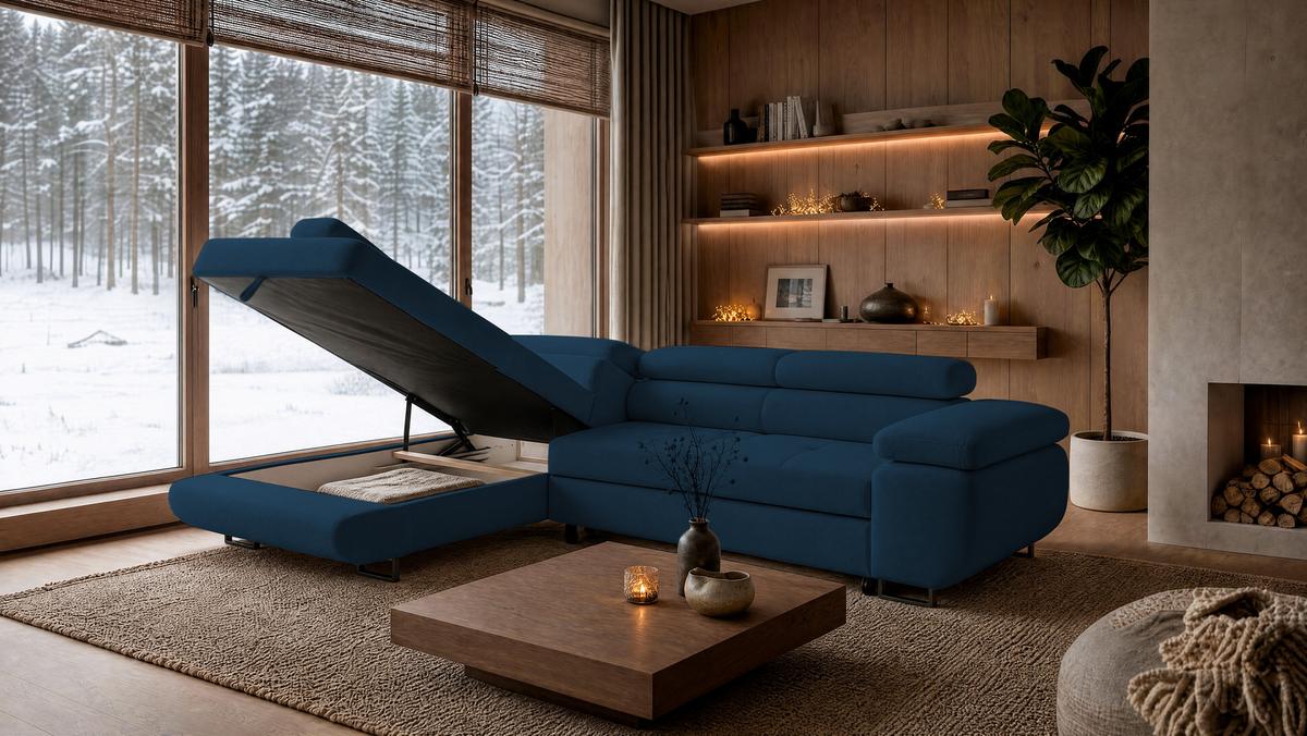 ECKSOFA Velmo mit Bettkasten und Schlaffunktion, verstellbaren Kopfstützen, in L-Form - Blau, Textil (275/203cm)