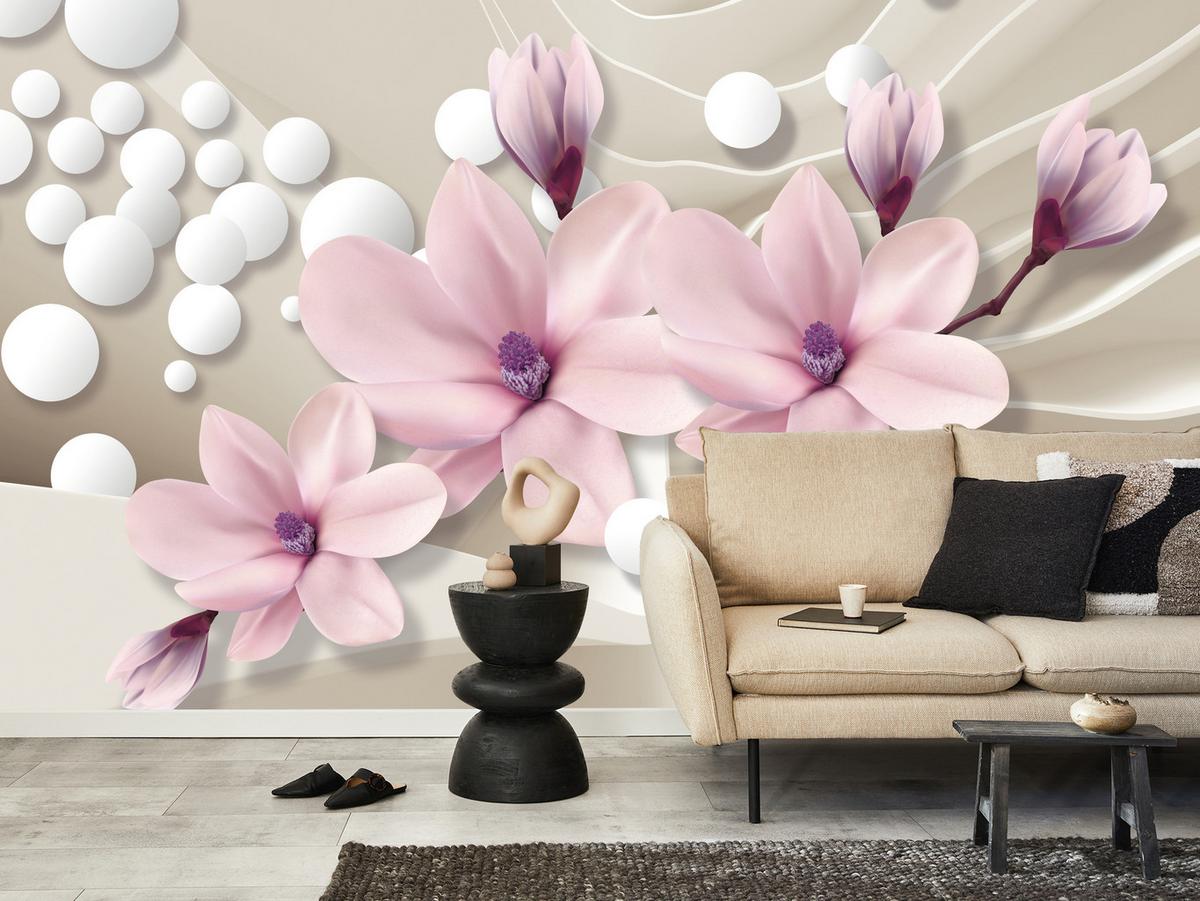 FOTOTAPETE für Wohnzimmer BLUMEN Magnolien ROSA Welliges Raumhintergrund 100x70 - Beige/Rosa, Papier (100/70cm) - Muralo