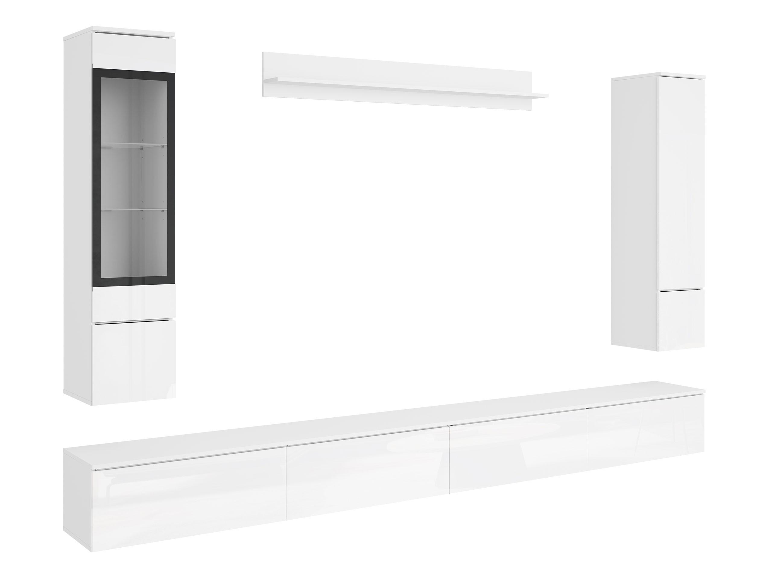 WOHNWAND Vera VIII mit weißer LED Beleuchtung - Weiß Hochglanz/Silberfarben, Holzwerkstoff/Kunststoff (300/130/33cm) - MIRJAN24