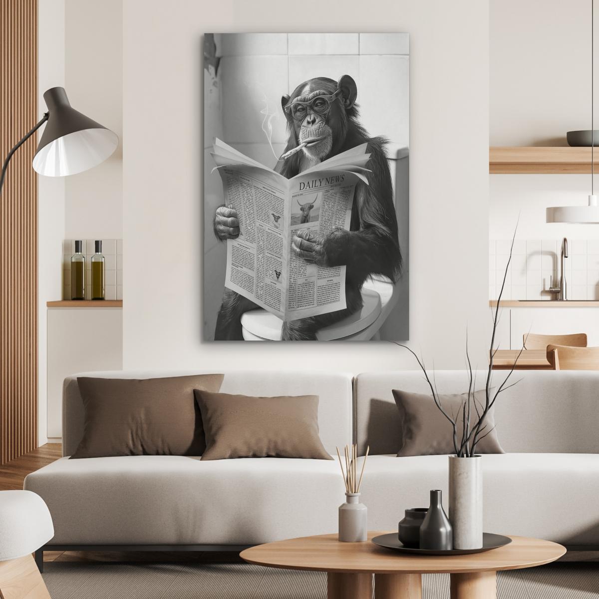 AKUSTIKBILD Affe - WC - Zeitung - Schwarz-Weiß - Humor Wanddeko 70x100 cm - Hellgrau, Kunststoff (70/100/0.9cm) - MuchoWow