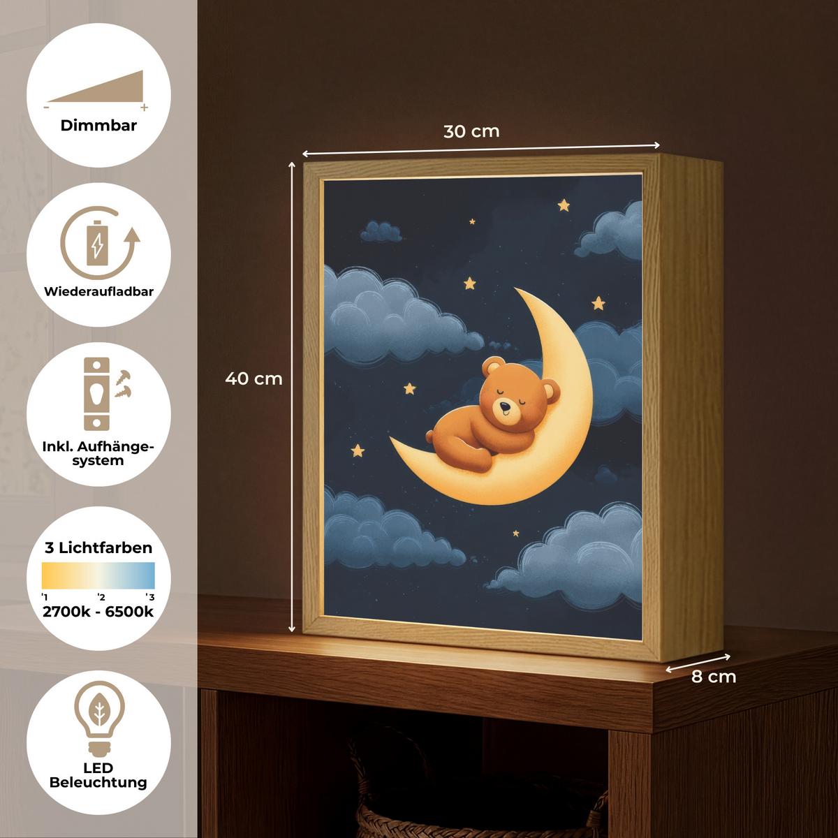 NACHTTISCHLAMPE MIT AKKU Teddybär - Mond - Wolken - Sterne 30x40 cm - Dunkelblau, Holzwerkstoff (8/30/40cm) - OnlyWow